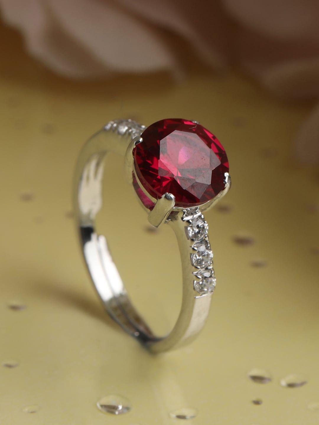 Clara Silver Toned & Red Stone Studded Adjustable Ring Price in India