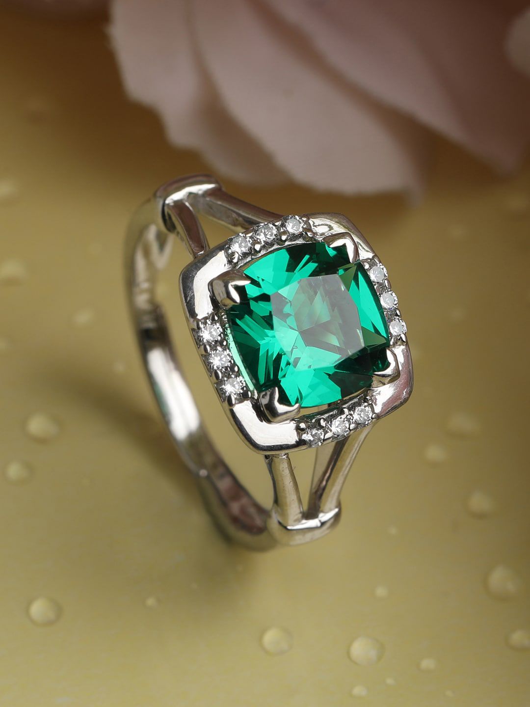 Clara Silver Toned & Green Stone Studded Adjustable Ring Price in India