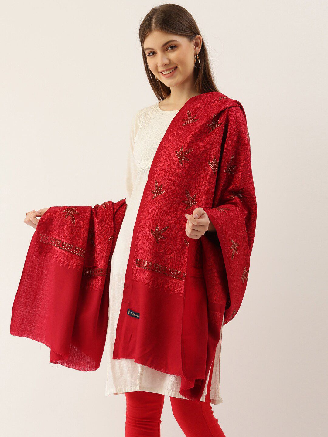 Pashmoda Woman Maroon Embroidered Woolen Shawl Price in India