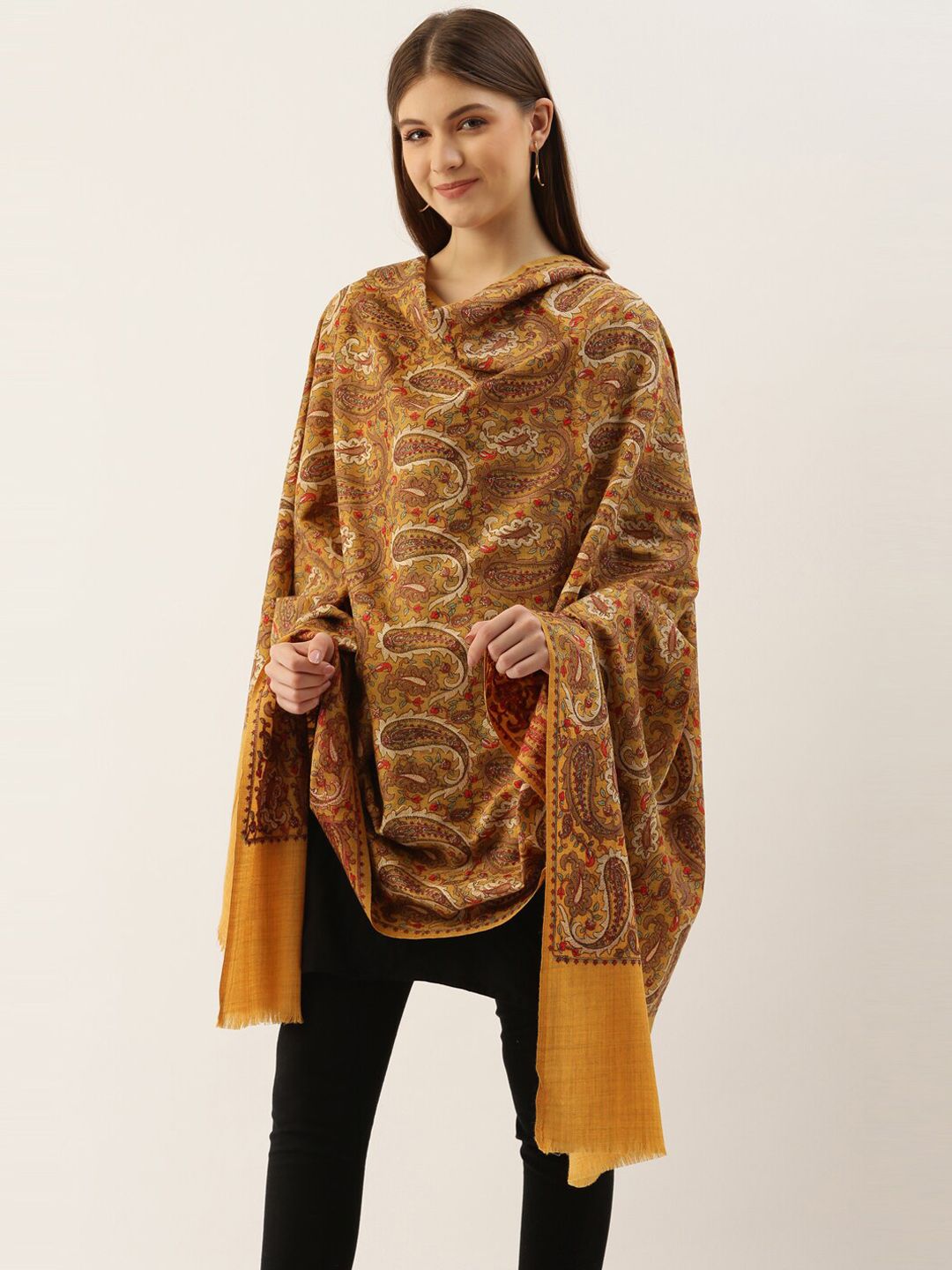 Pashmoda Women Yellow & Red Embroidered Woolen Shawl Price in India