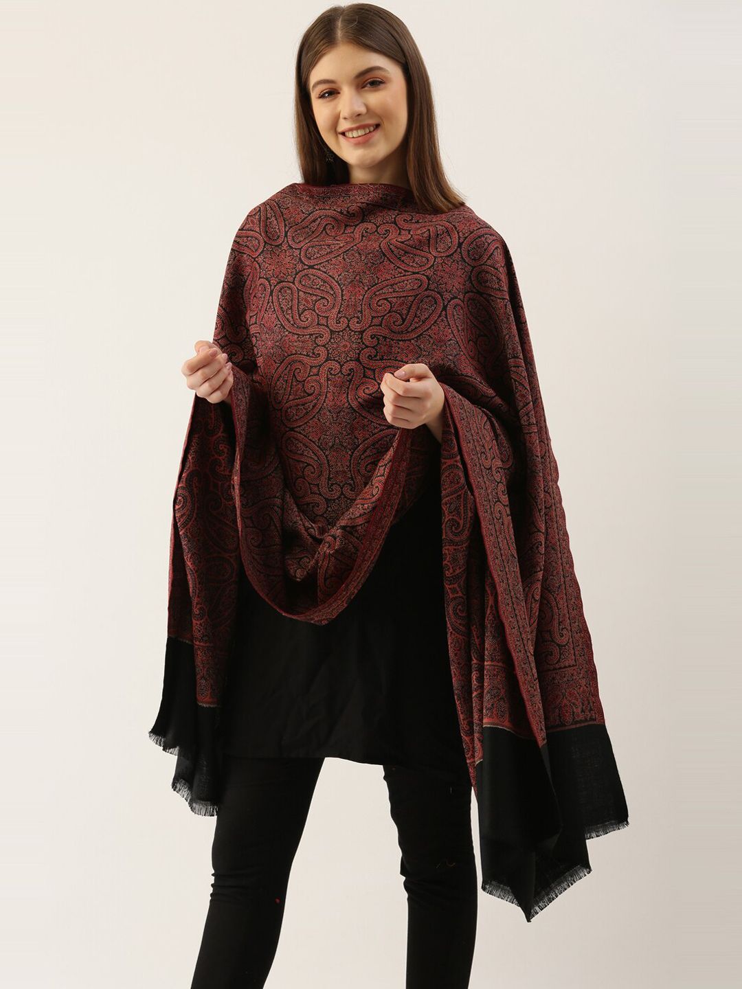 Pashmoda Women Black & Pink Woven-Design Shawl Price in India