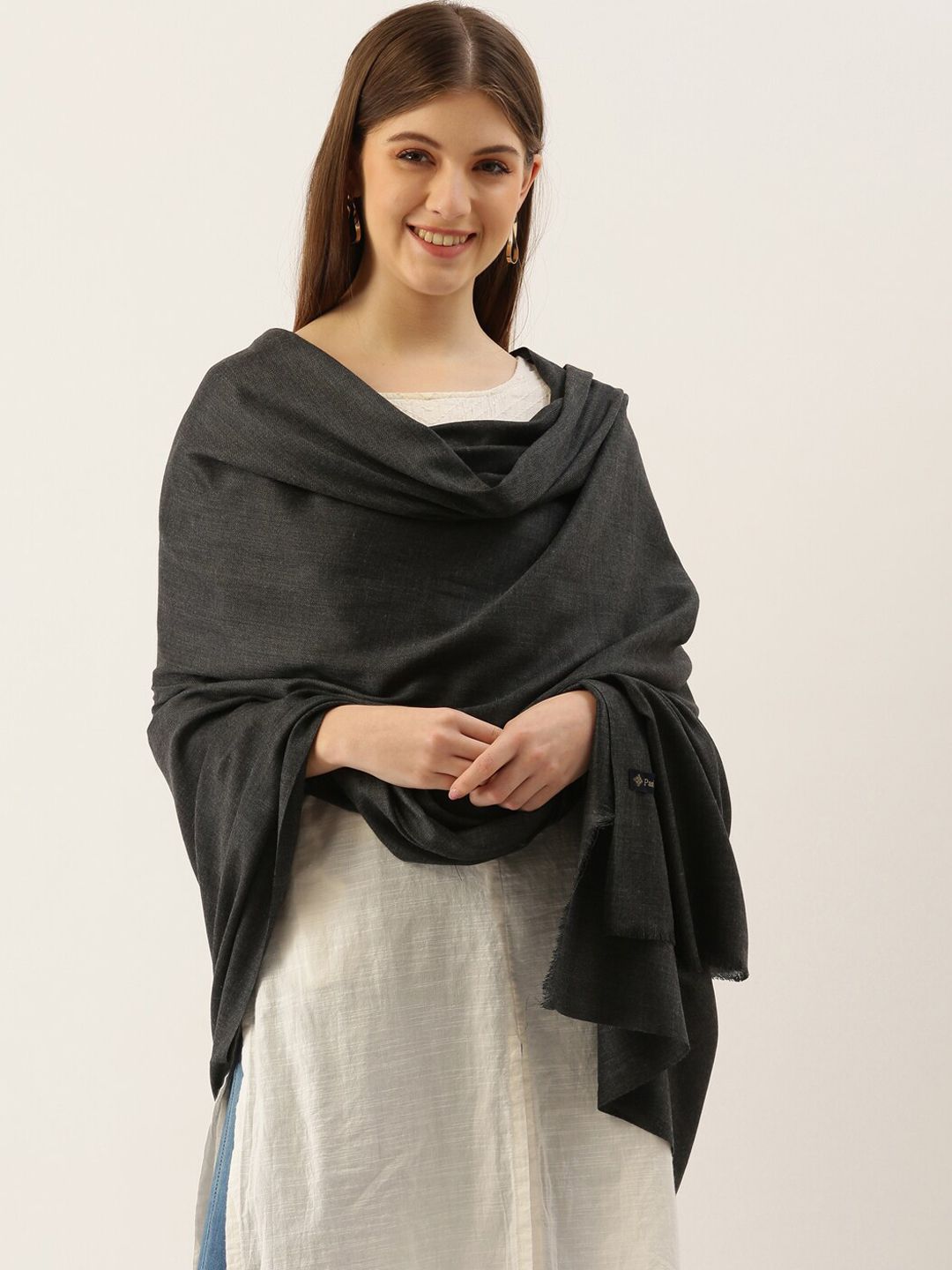 Pashmoda Women Grey Solid Wool Shawl Price in India