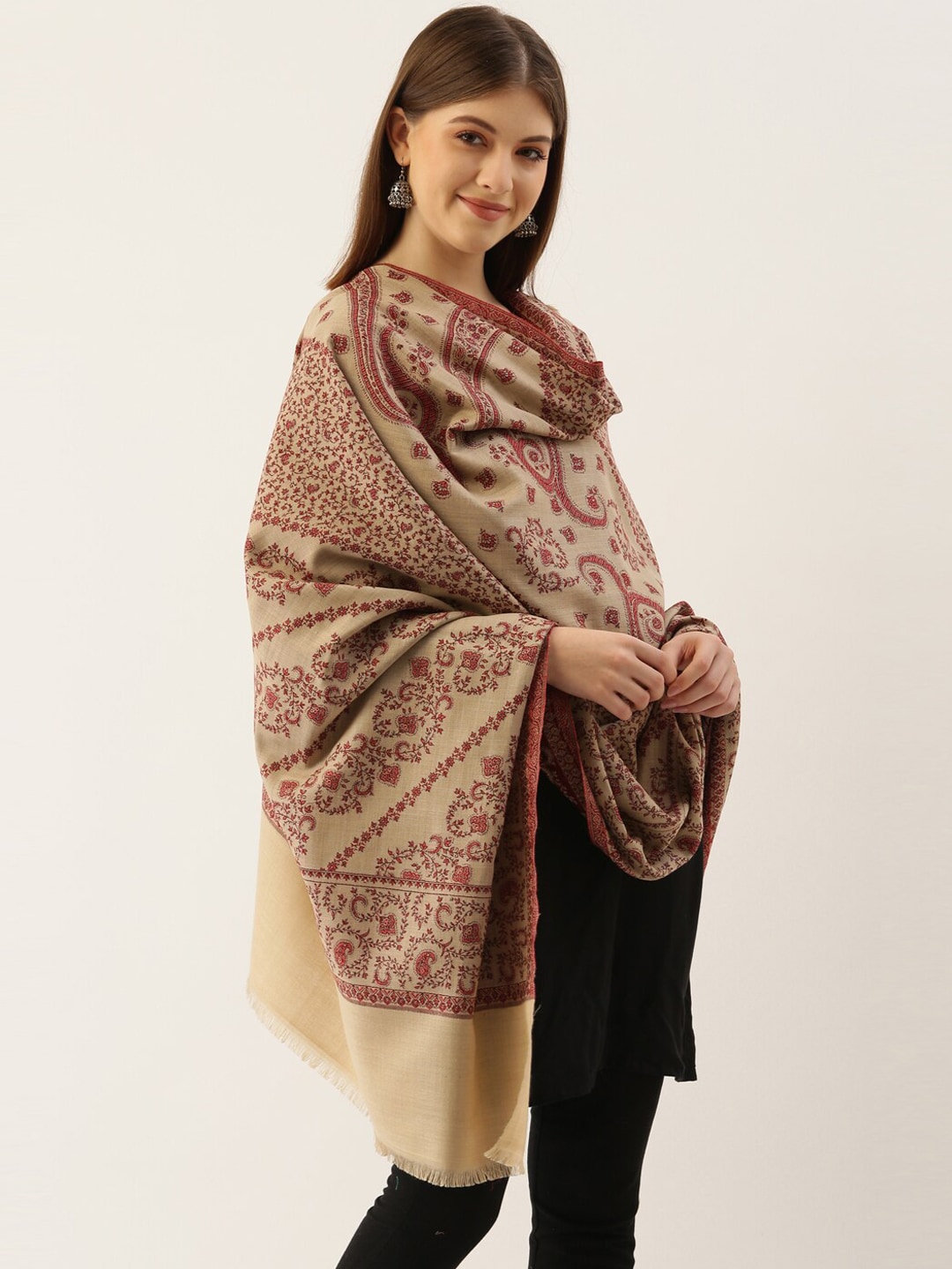 Pashmoda Women Beige & Maroon Woven Design Shawl Price in India