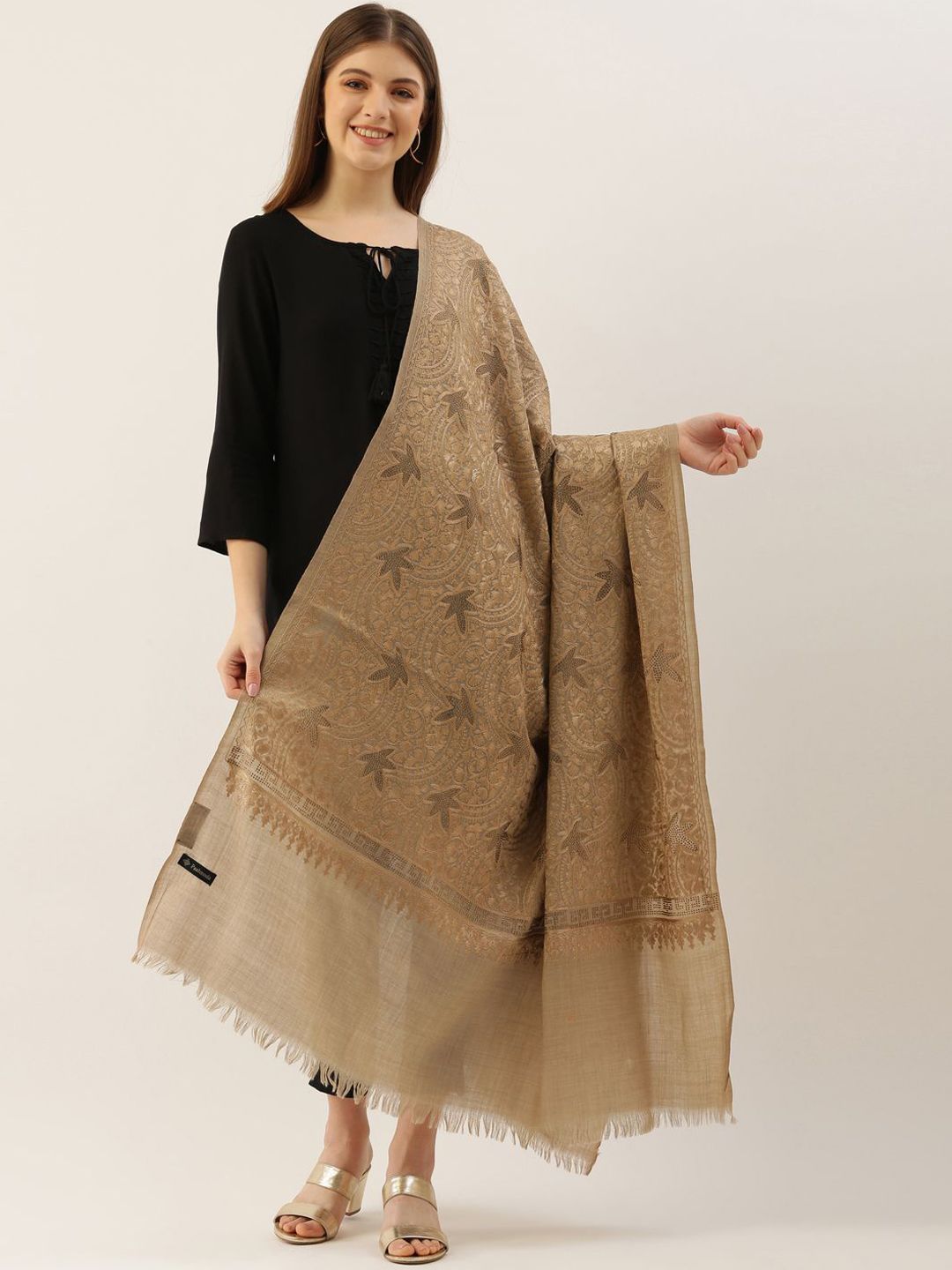Pashmoda Women Beige Embroidered Woolen Shawl Price in India