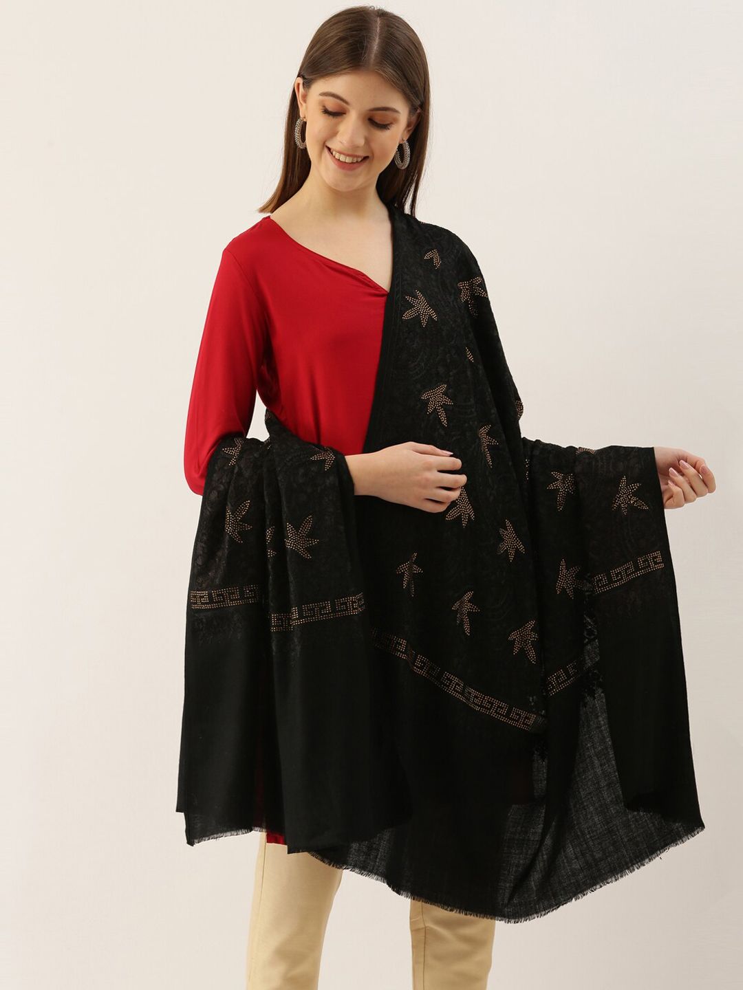 Pashmoda Women Black & Gold-Toned Embellished Woolen Shawl Price in India