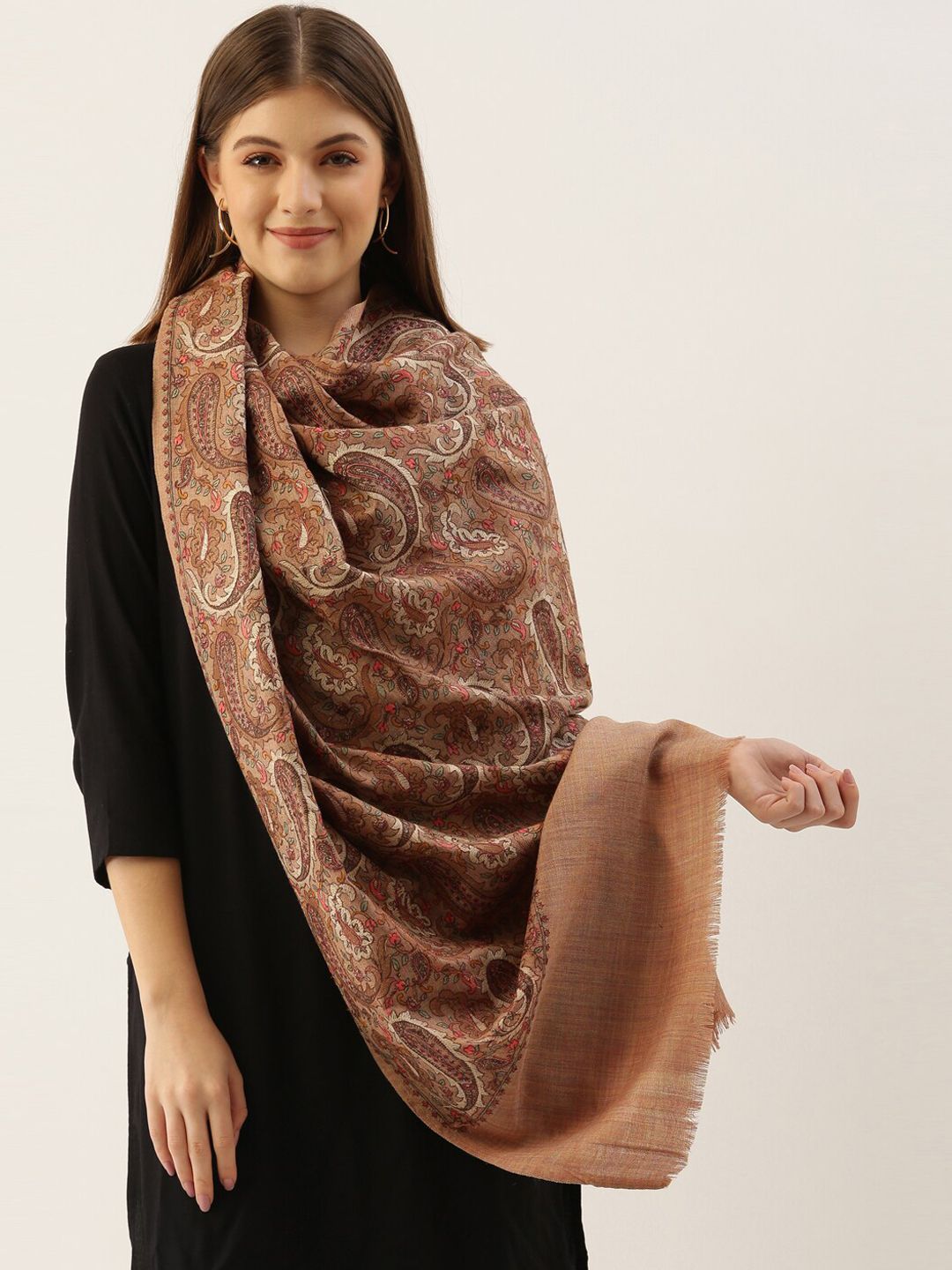 Pashmoda Women Beige & Brown Embroidered Woolen Shawl Price in India