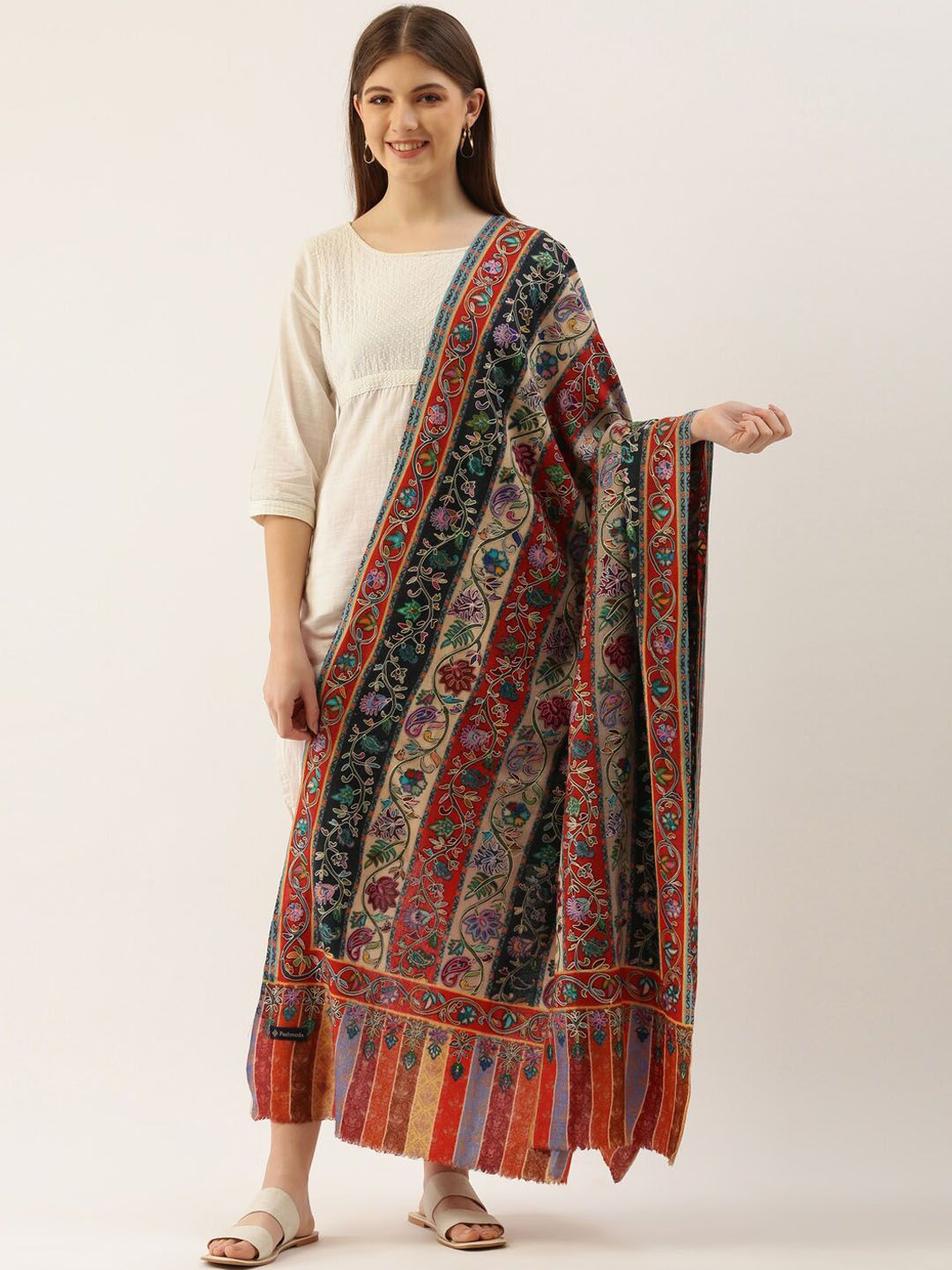 Pashmoda Women Multicoloured Embroidered Woolen Shawl Price in India