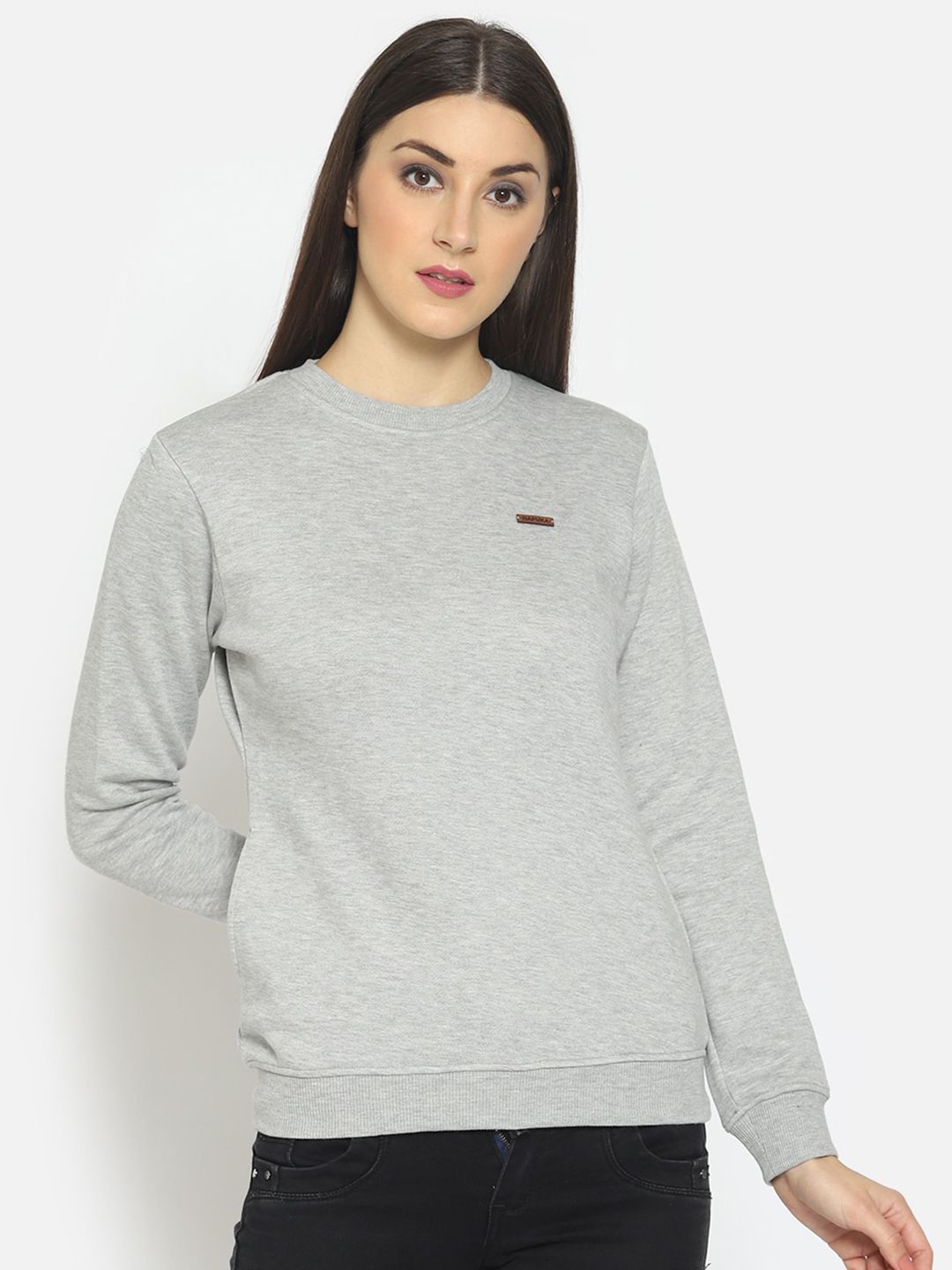 Hapuka Women Grey Melange Solid Round Neck Sweatshirt Price in India