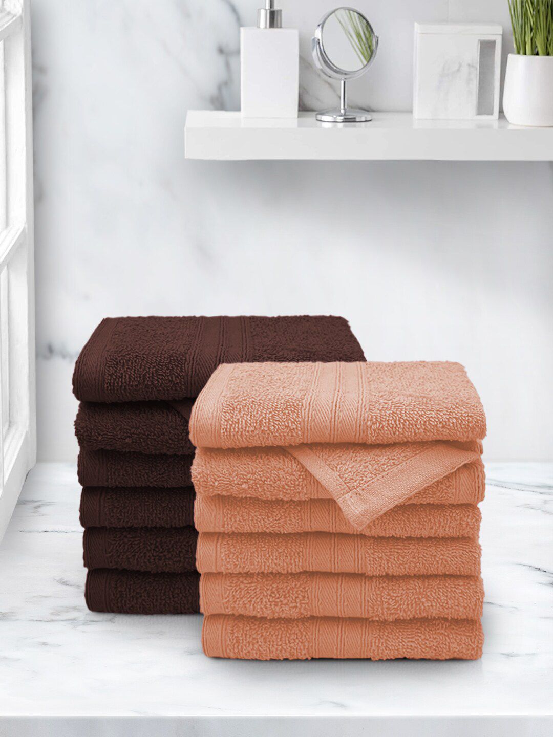 Aura Set Of 12 Solid Coffee Brown & Solid Peach Pure Cotton 500 GSM Face Towels Price in India