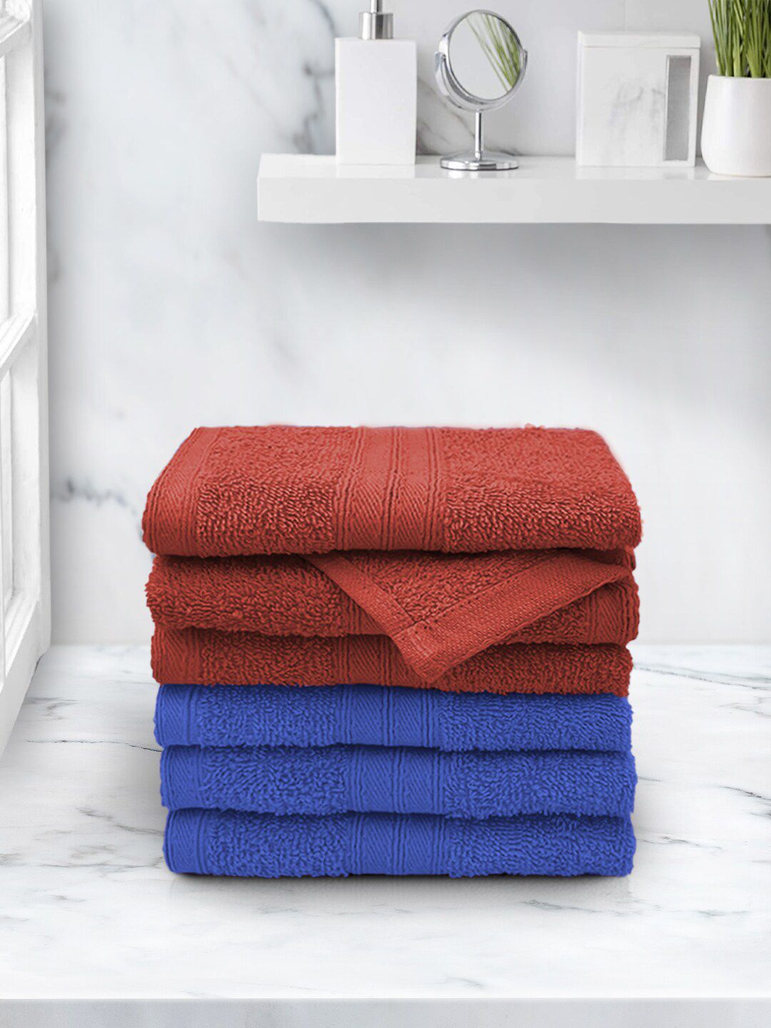 Aura Set Of 6 Rust & Blue Solid Pure Cotton 500 GSM Face Towels Price in India