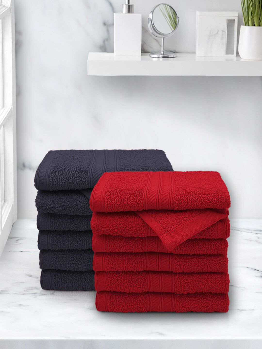 Aura Red & Navy Blue Set Of 12 Solid 500 GSM Pure Cotton Face Towels Price in India