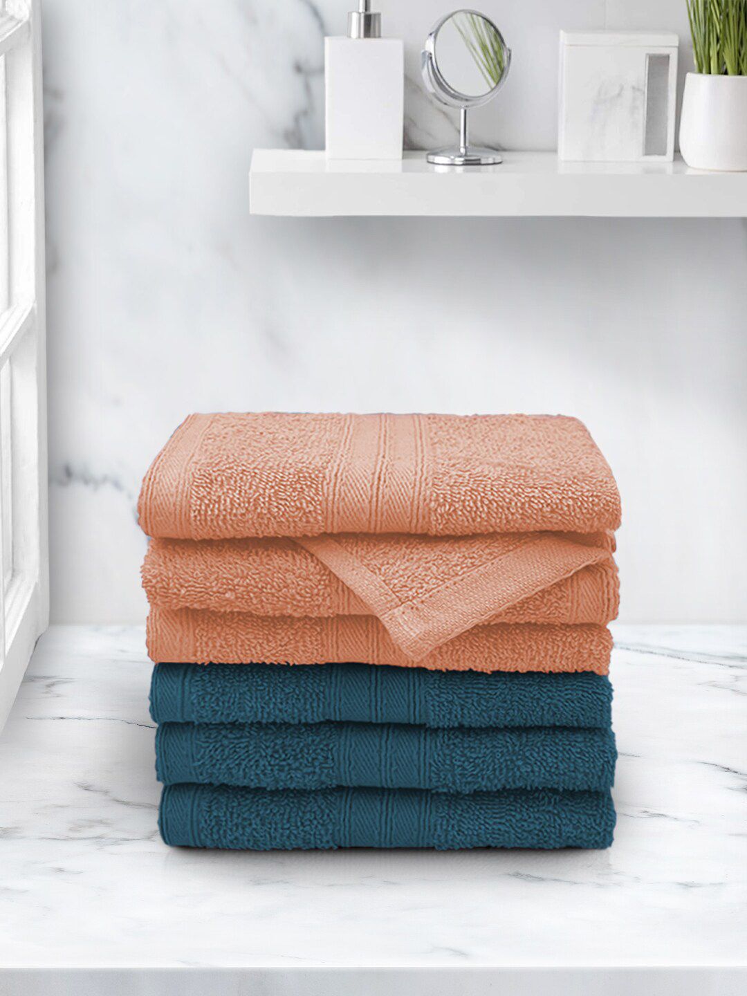 Aura Anatolia Set Of 6 Peach And Teal Blue Solid 500 GSM Pure Cotton Face Towels Price in India