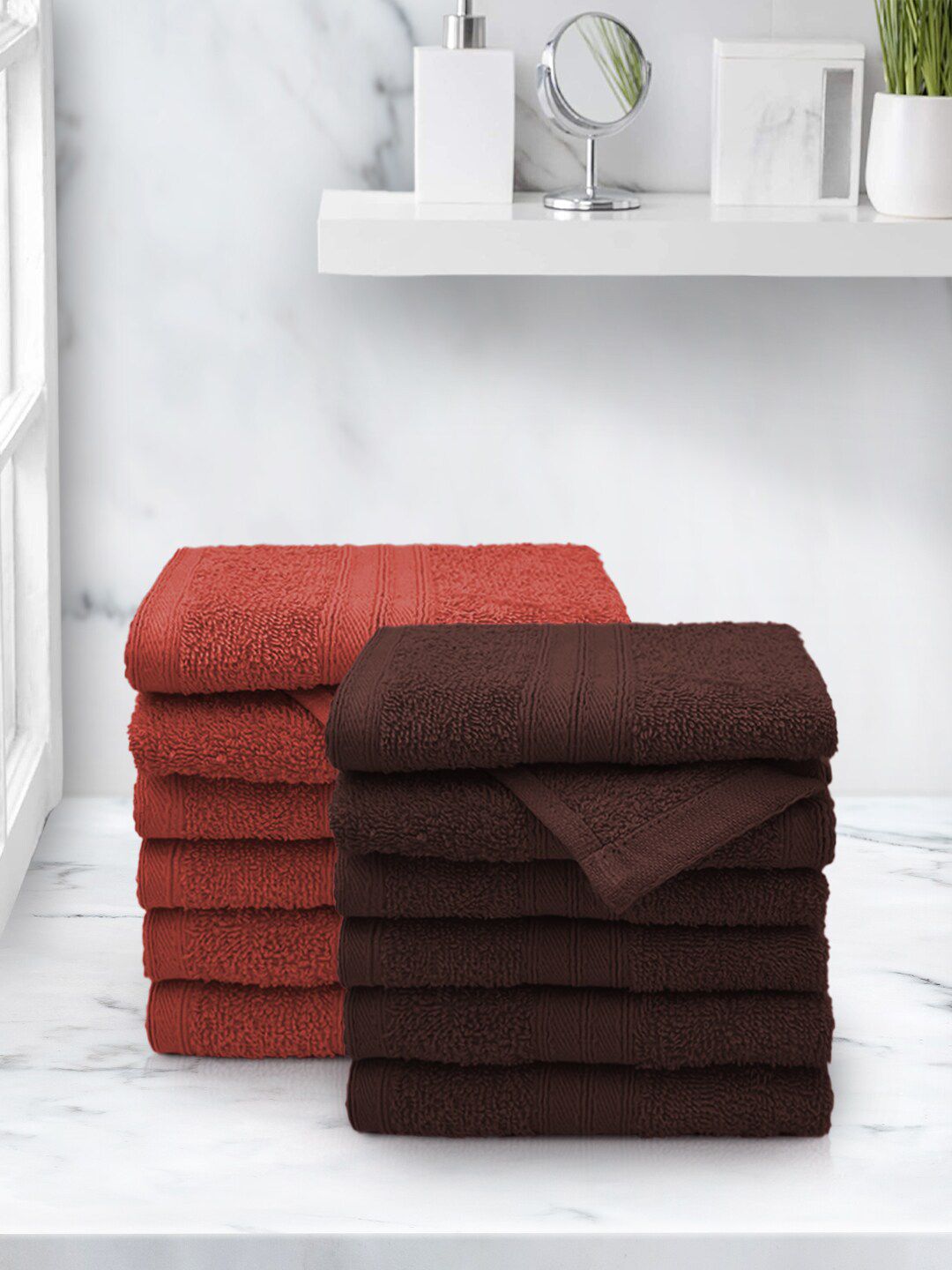 Aura Set Of 12 Coffee Brown & Rust Solid Pure Cotton  500 GSM Super-Soft Face Towels Price in India