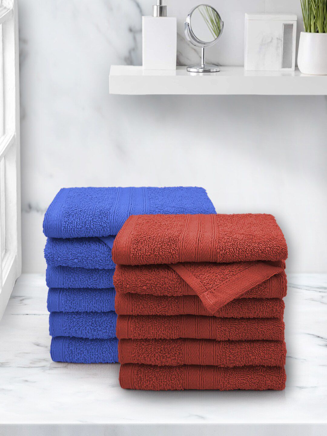 Aura Rust & Blue Set Of 12 Solid 500 GSM Pure Cotton Face Towels Price in India