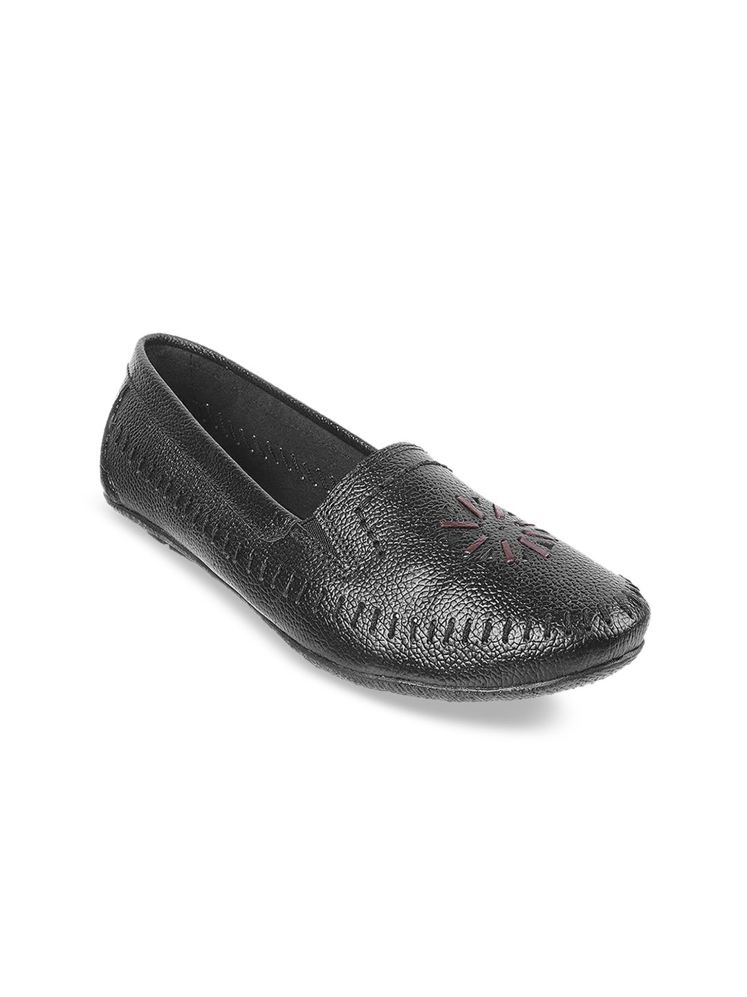 Metro Women Black Textured Ballerinas with Laser Cuts Price in India