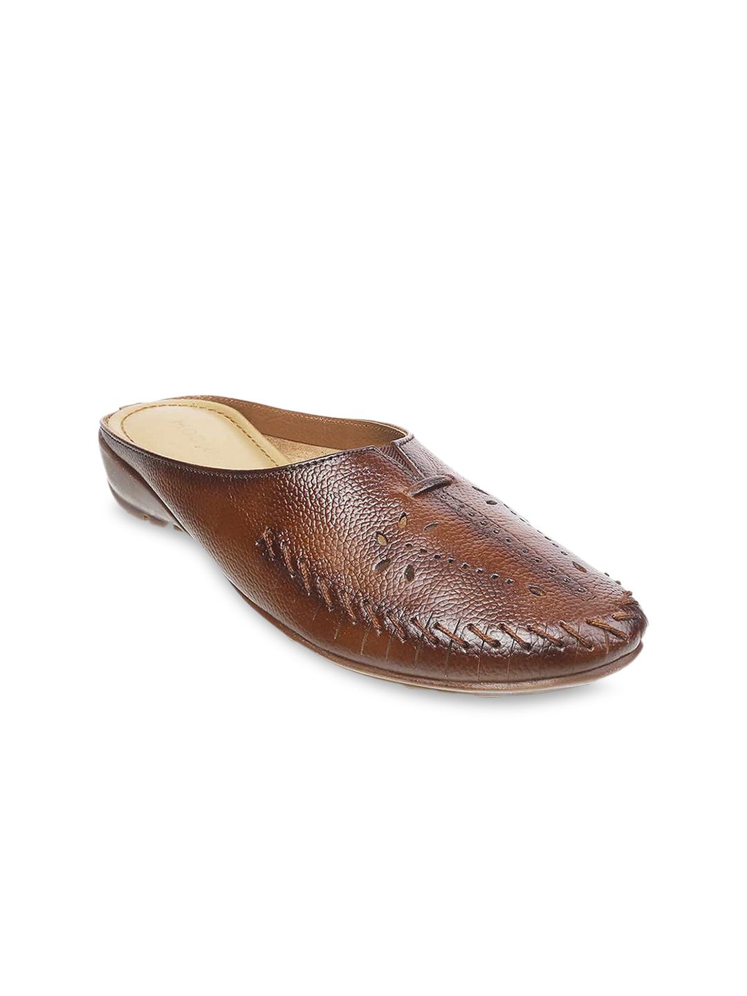 Mochi Women Tan Mules with Laser Cuts Flats Price in India