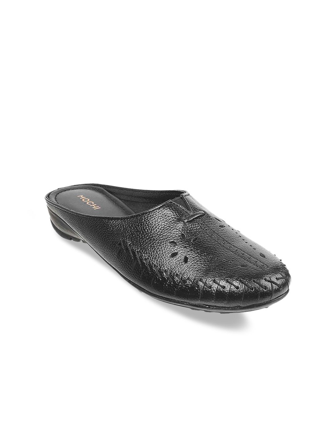 Mochi Women Black Mules with Laser Cuts Flats Price in India