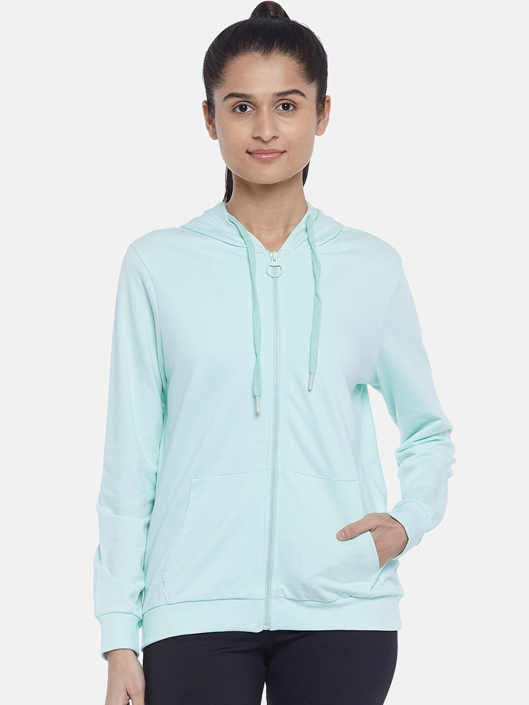 Ajile by Pantaloons Women Turquoise Blue Solid Cotton Regular Sporty Jacket Price in India