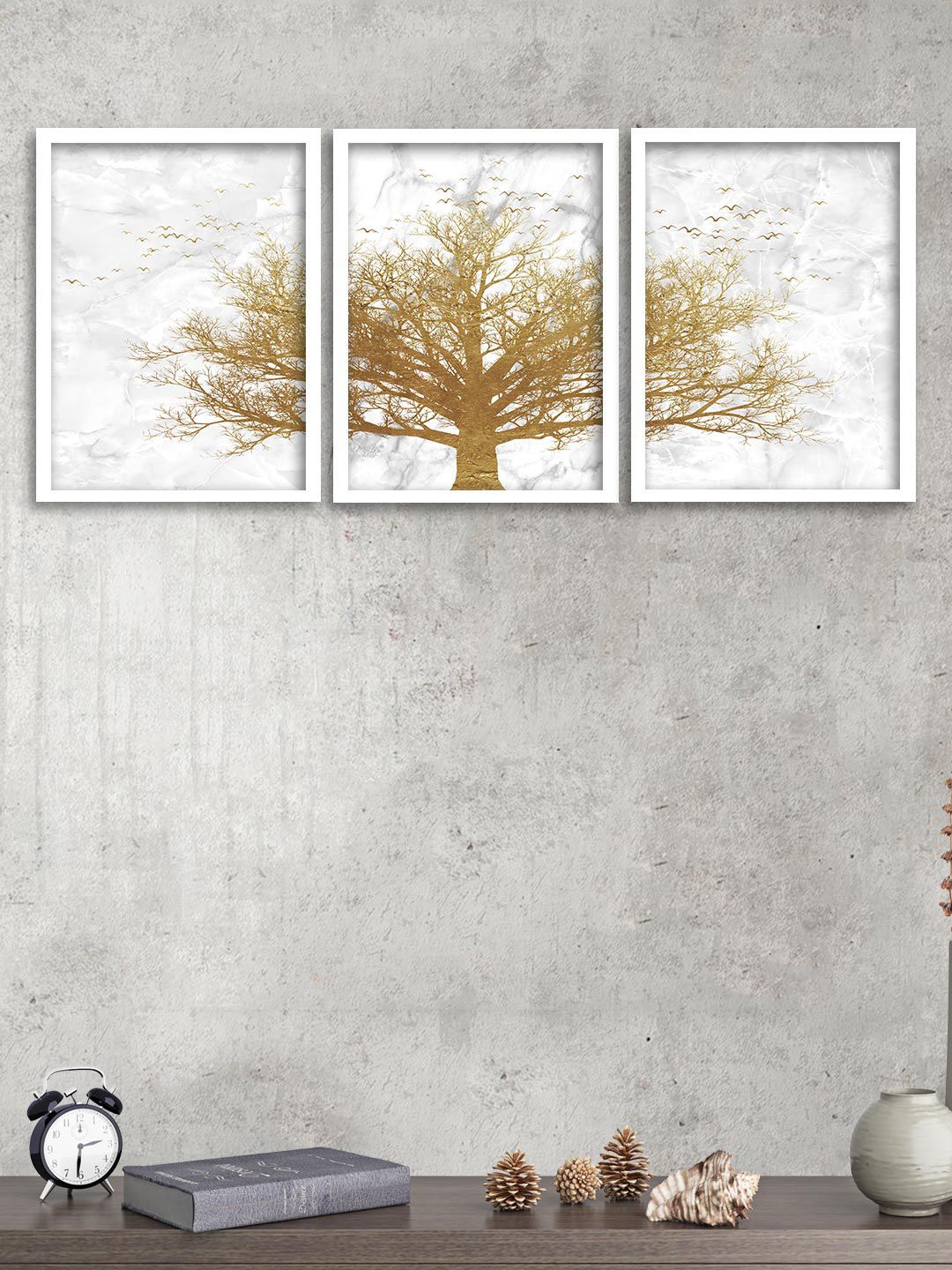 Art Street Set of 3 Golden Tree Theme Art Prints Wall Art Price in India