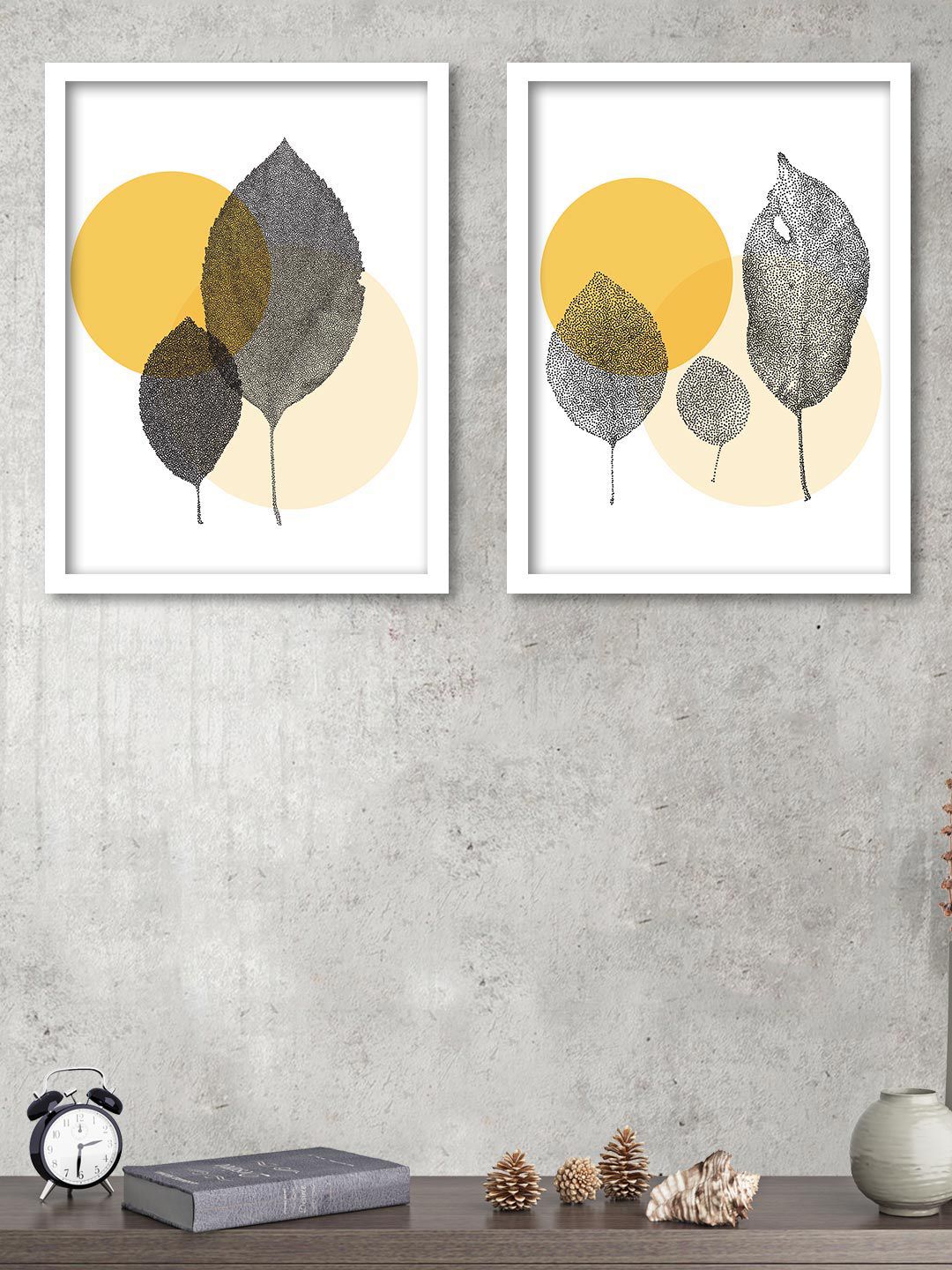 Art Street Yellow & Black Set of 2 Art Prints Floral Theme Frame Art Prints Price in India