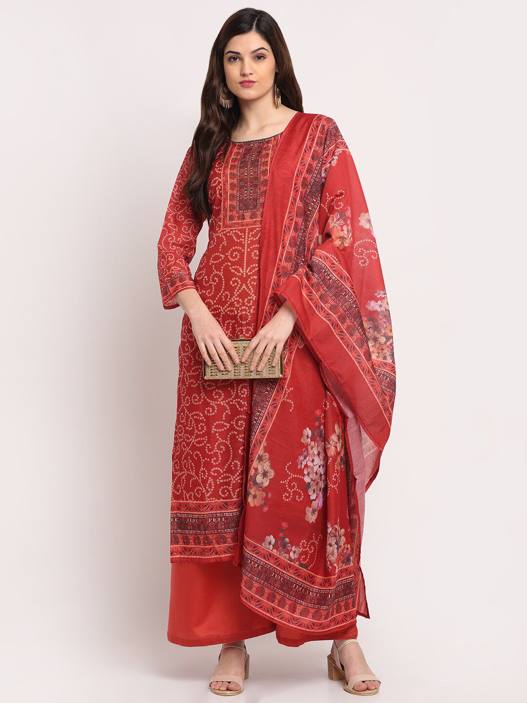 Stylee LIFESTYLE Women Red Printed Unstitched Dress Material Price in India