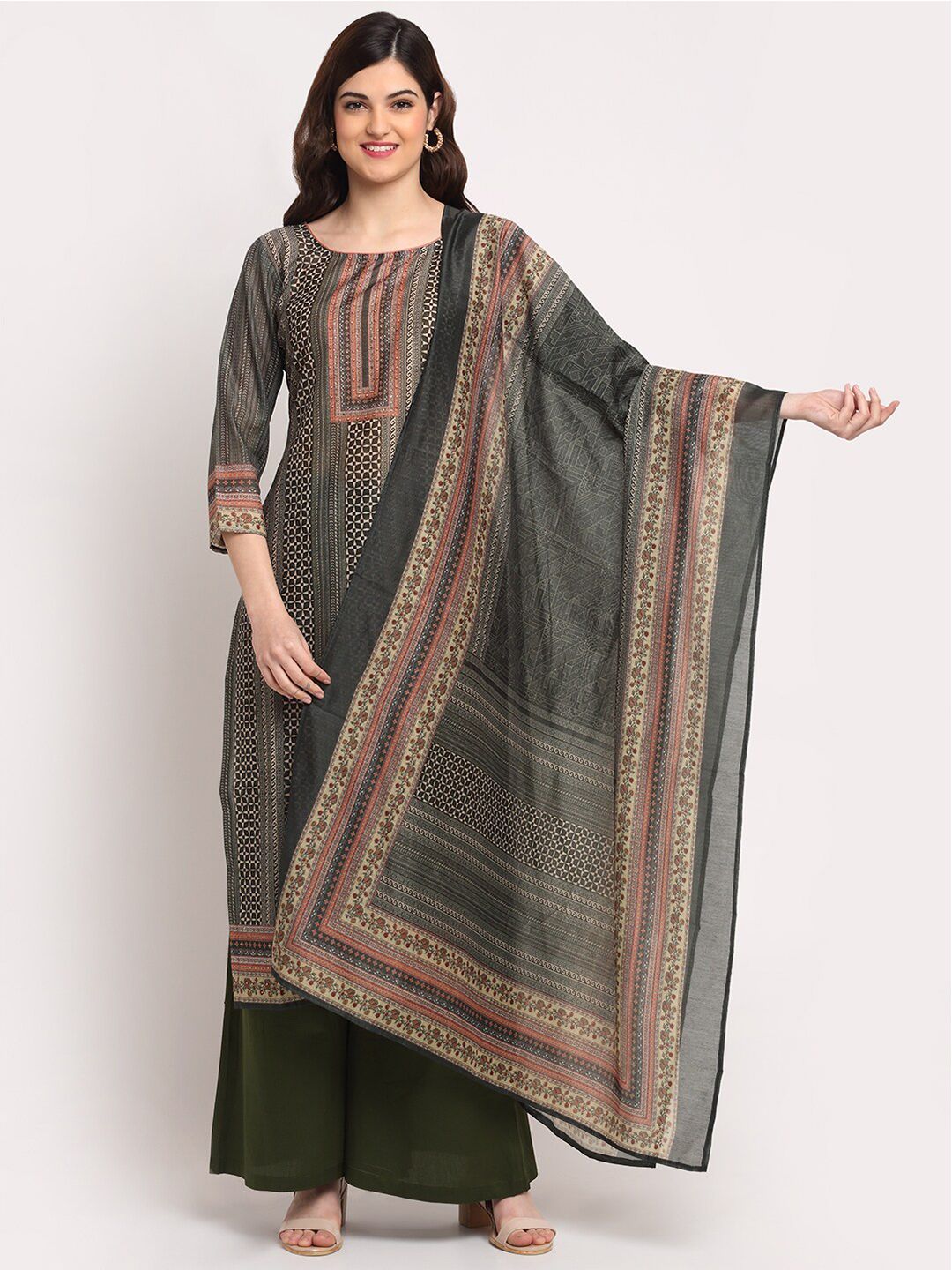 Stylee LIFESTYLE Green & Beige Digital Printed Unstitched Dress Material Price in India
