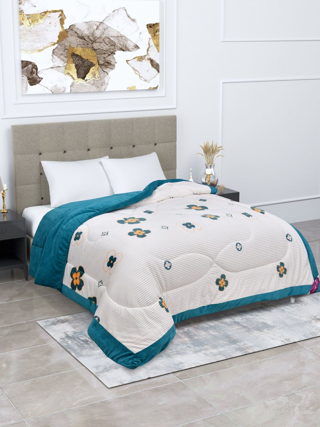 Home Fresh Silver & Teal Floral Printed 1000 GSM Reversible Double Bed Comforter Price in India