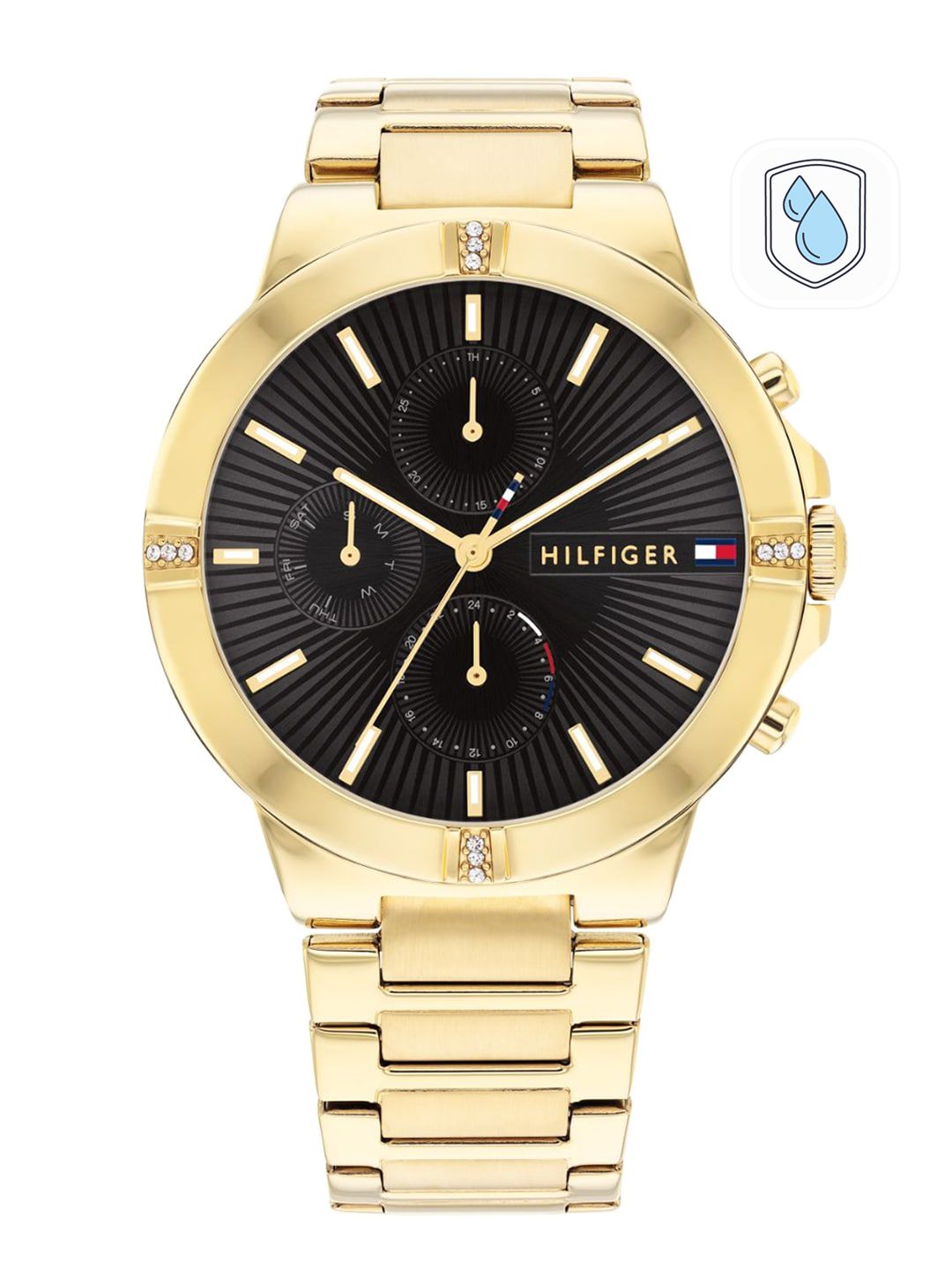 Tommy Hilfiger Tommy Hilfiger Women Black Dial & Gold Toned Embellished Analogue Watch