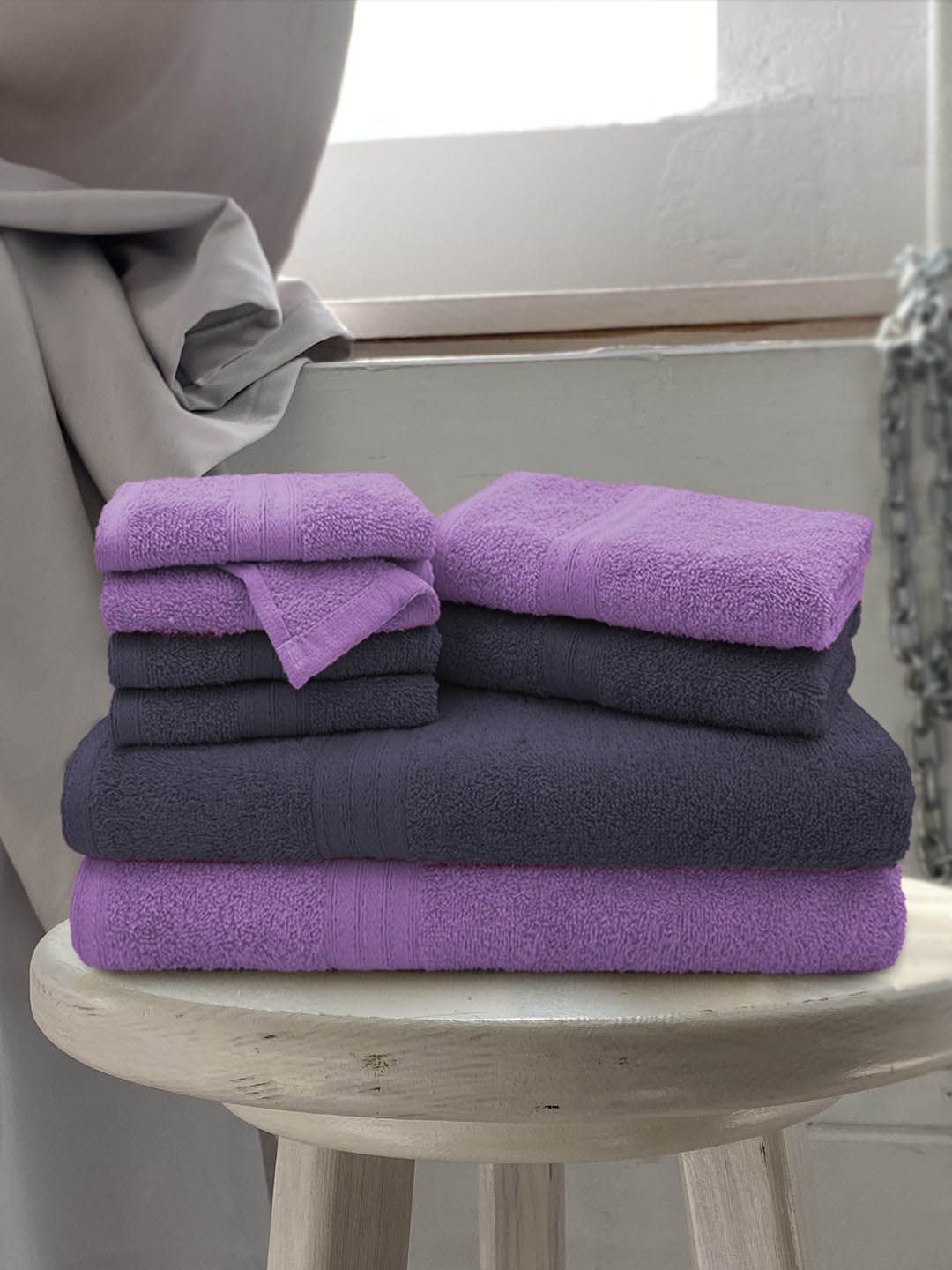 Aura Set of 8 Navy Blue & Purple 500GSM Cotton Towel Set Price in India