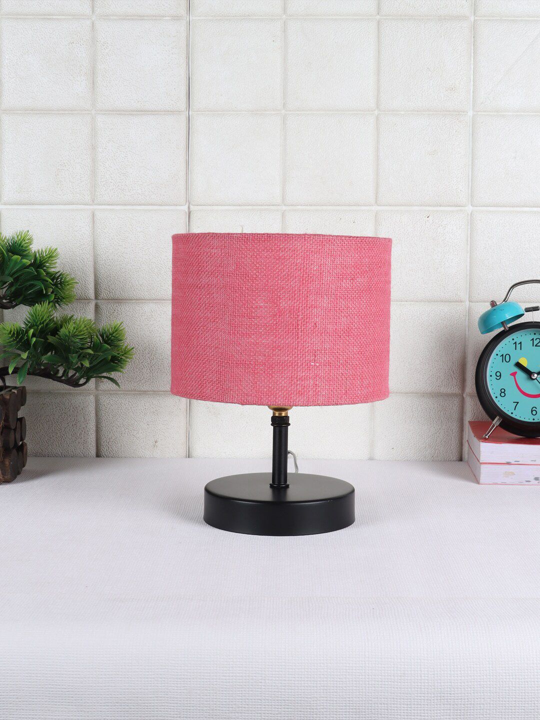 Devansh Pink & Black Iron Table Lamp with Jute Shade Price in India