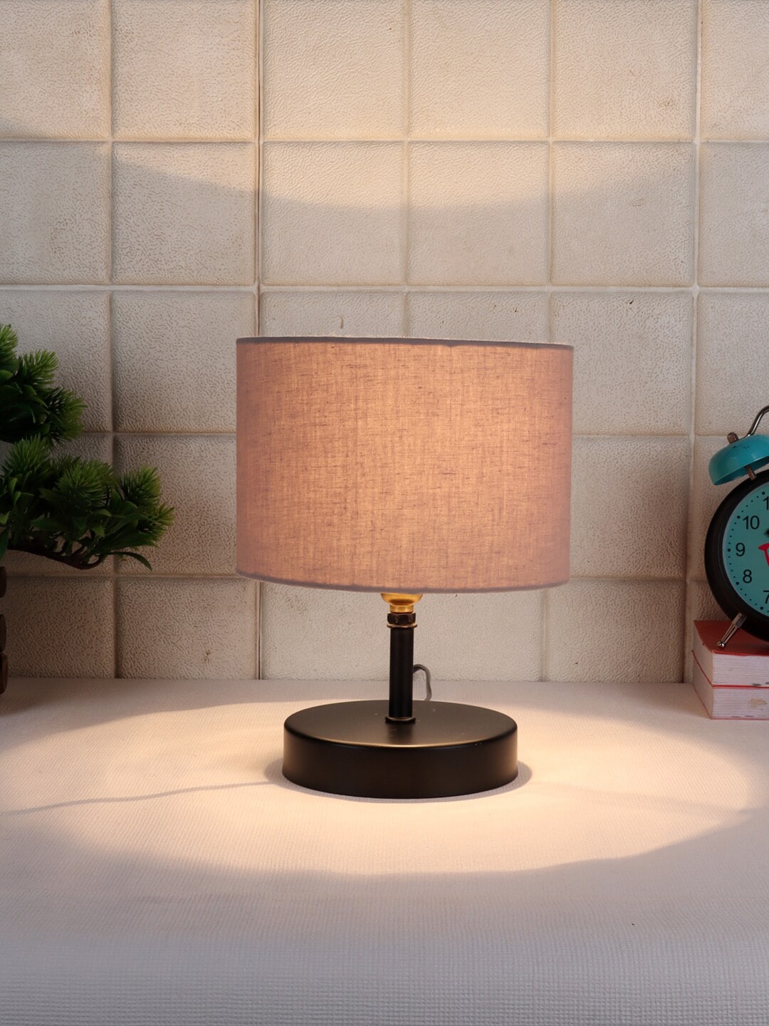 Devansh Grey & Black Iron Table Lamp with Cotton Shade Price in India