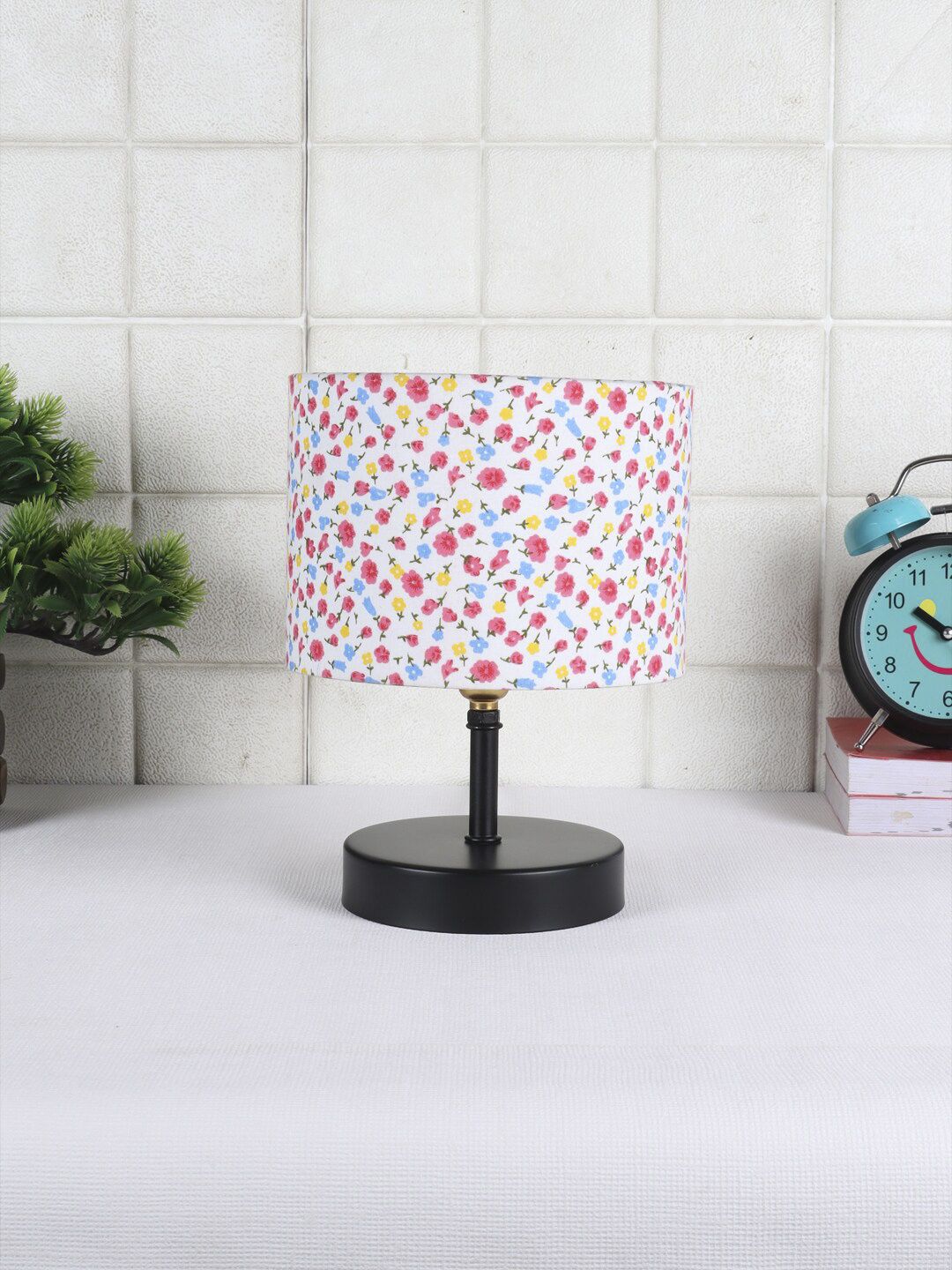 Devansh Multi Floral Printed Iron Table Lamp with Cotton Shade Price in India
