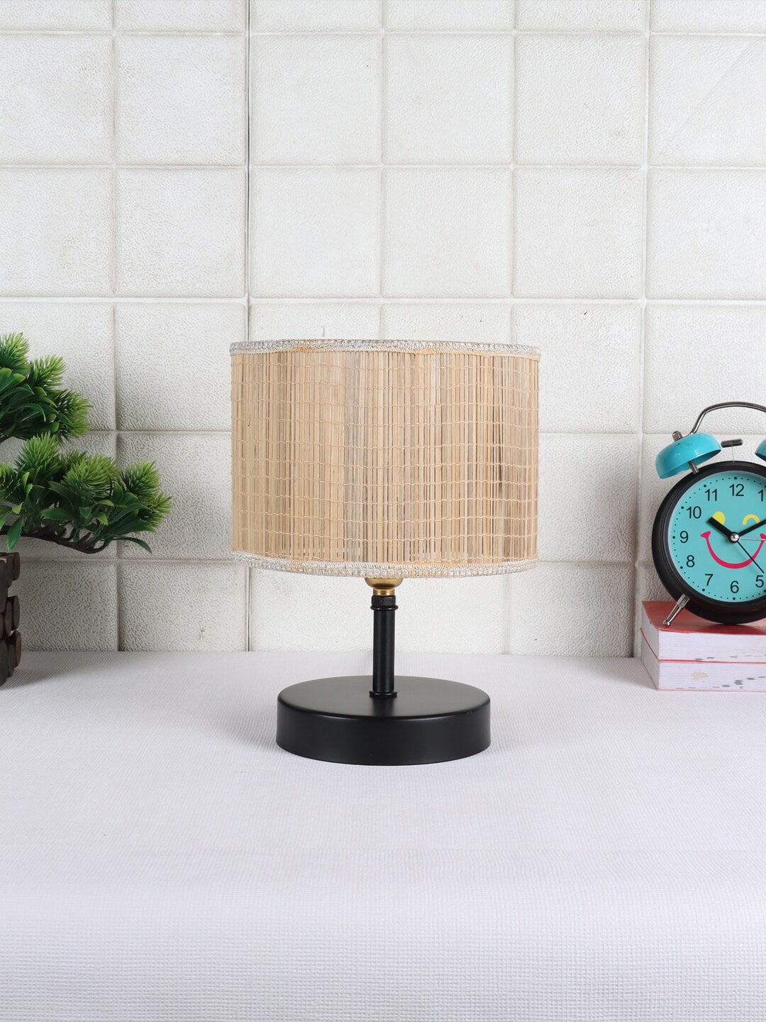 Devansh Beige & Black Iron Table Lamp with Bamboo Shade Price in India