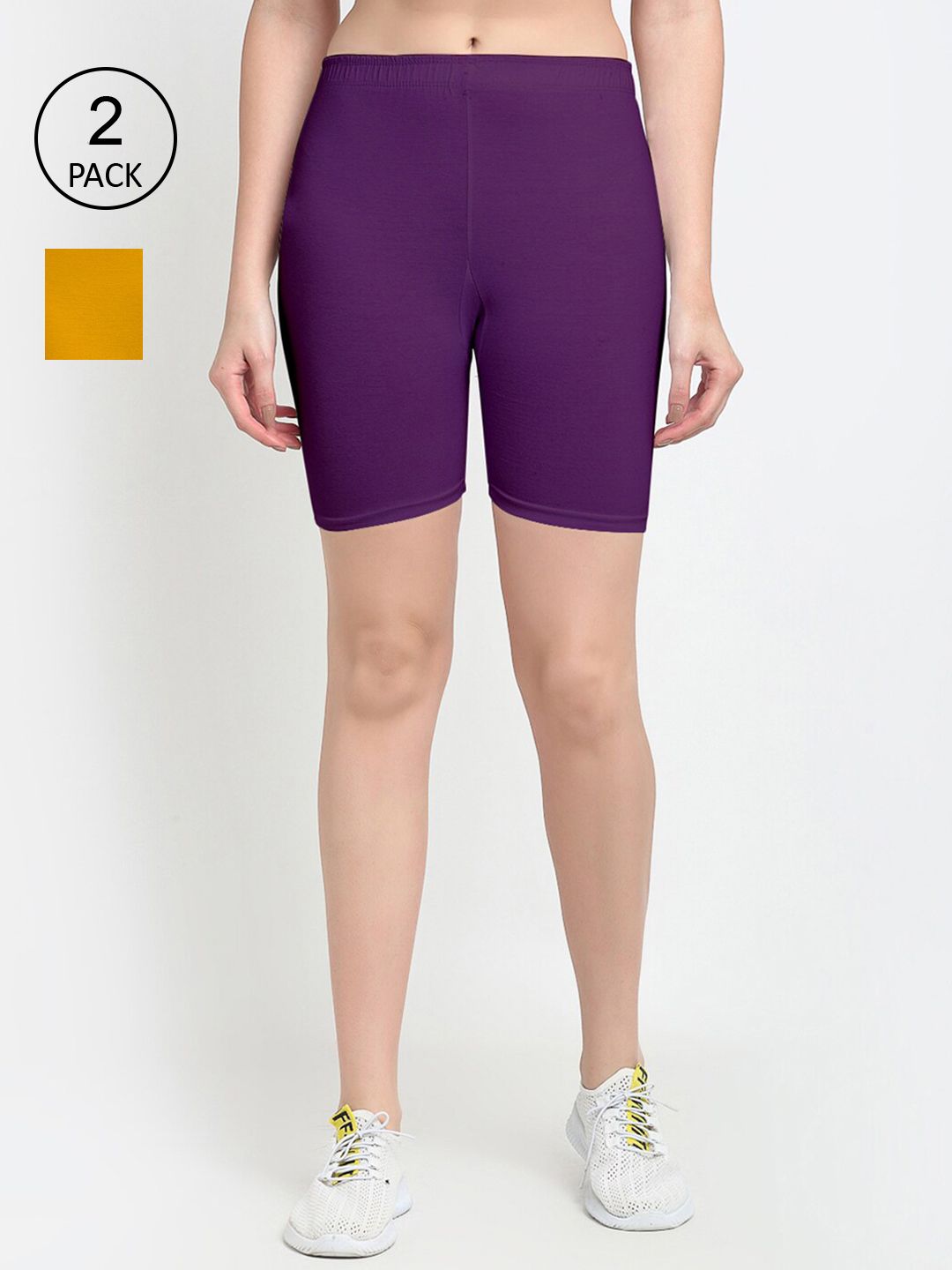 GRACIT Women Pack of 2 Purple & Mustard Yellow Biker Shorts Price in India