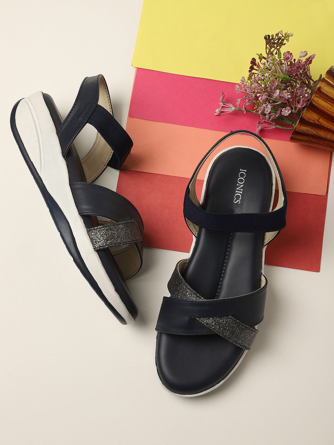 ICONICS Navy Blue Flatform Sandals Price in India