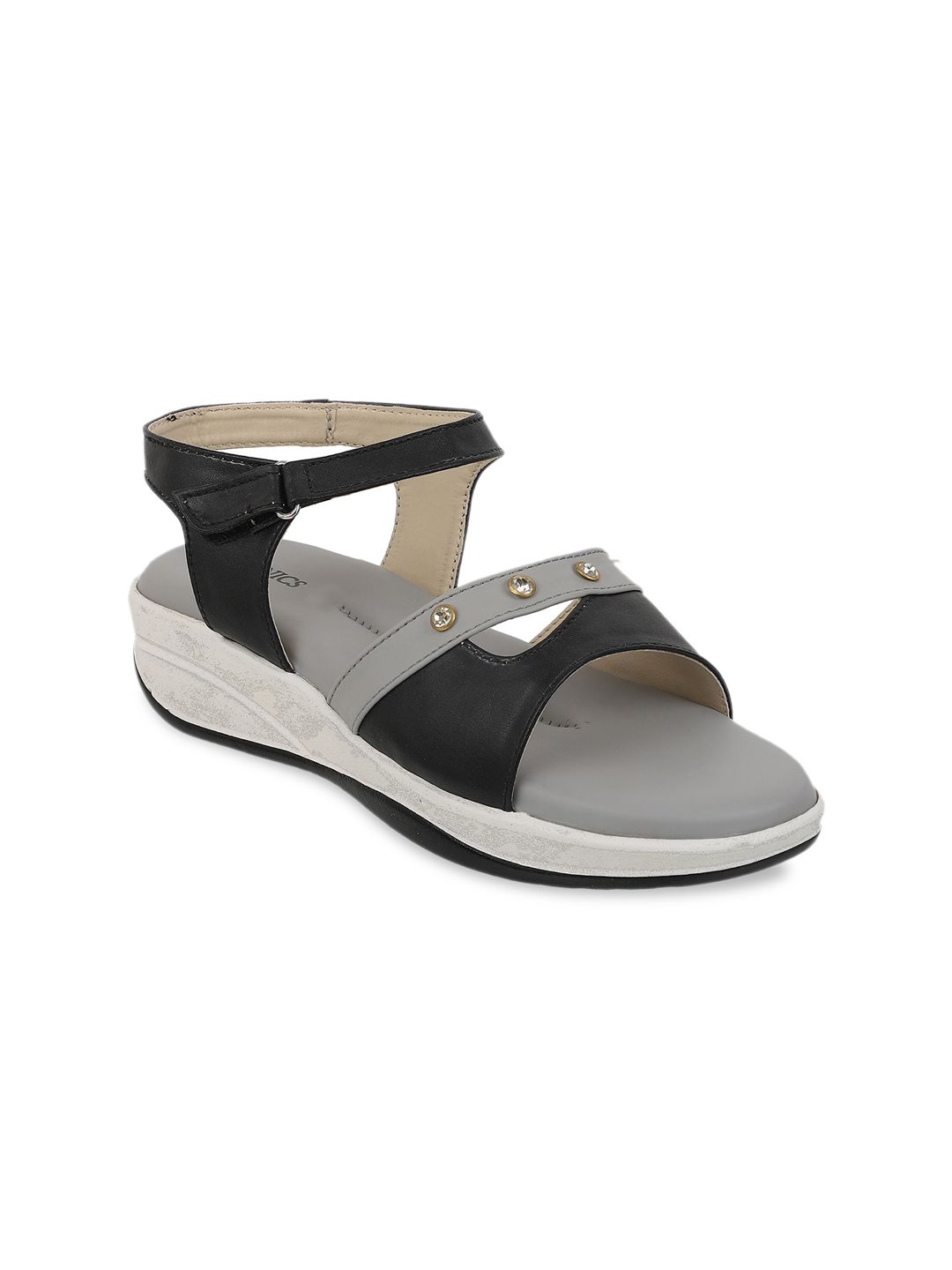 ICONICS Black & Grey Embellished Block Sandals Price in India