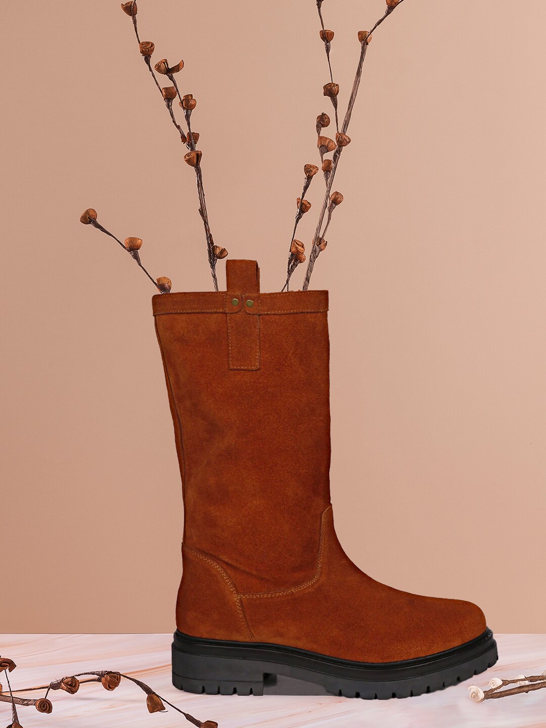 Saint G Tan Brown Solid High-Top Suede Leather Pull On Calf Boots Price in India