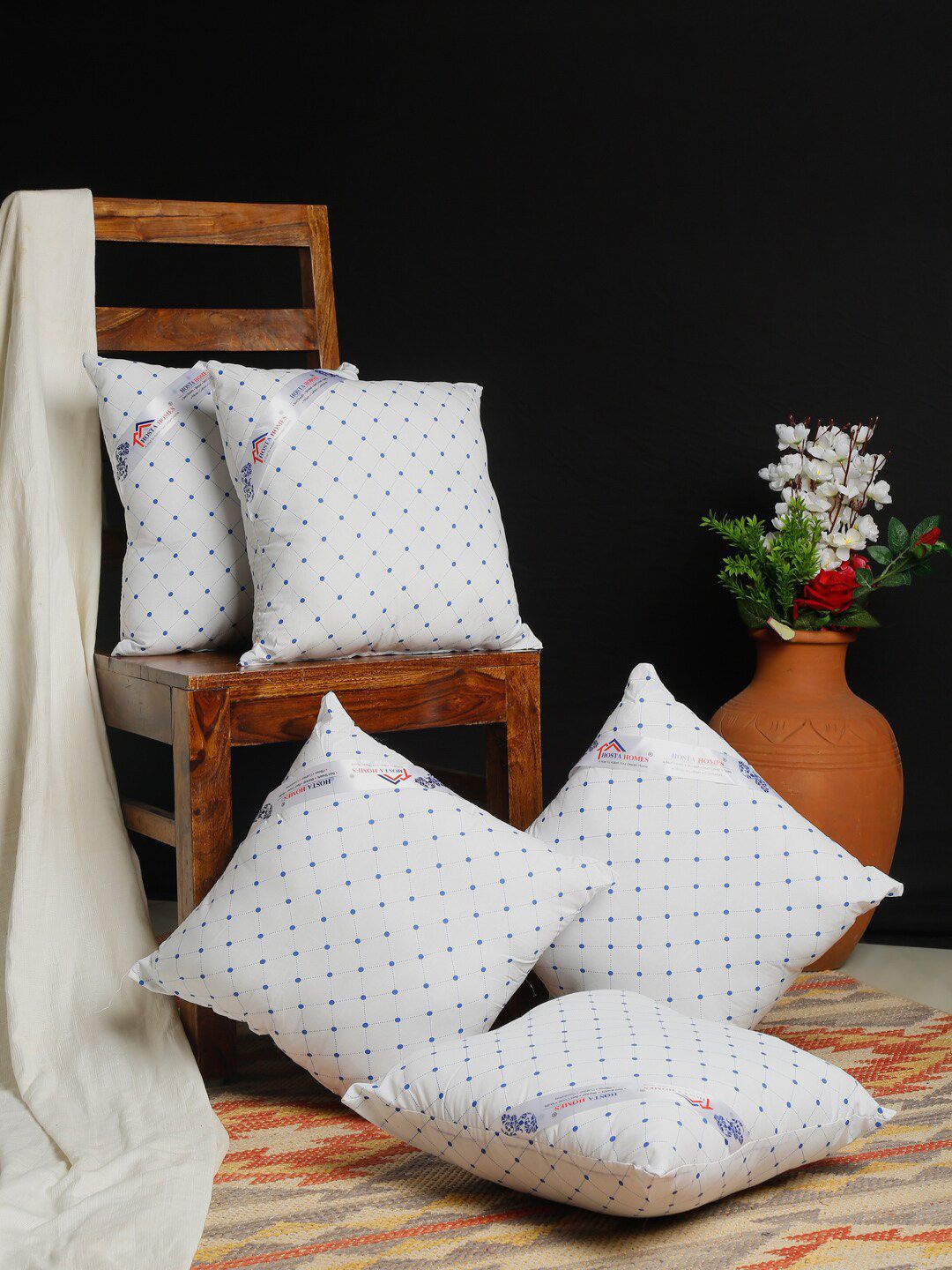 HOSTA HOMES Set Of 5 White & Blue Polka Dots Printed Square Cushions Price in India