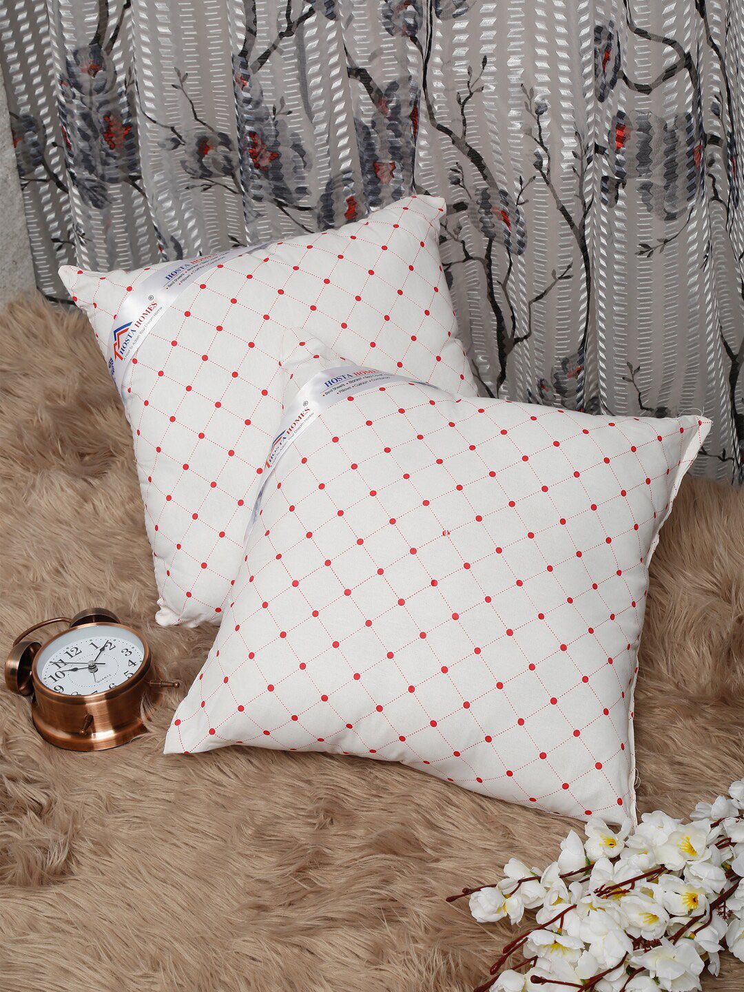 HOSTA HOMES Set Of 2 White & Red Polka Dots Printed Square Cushions Price in India