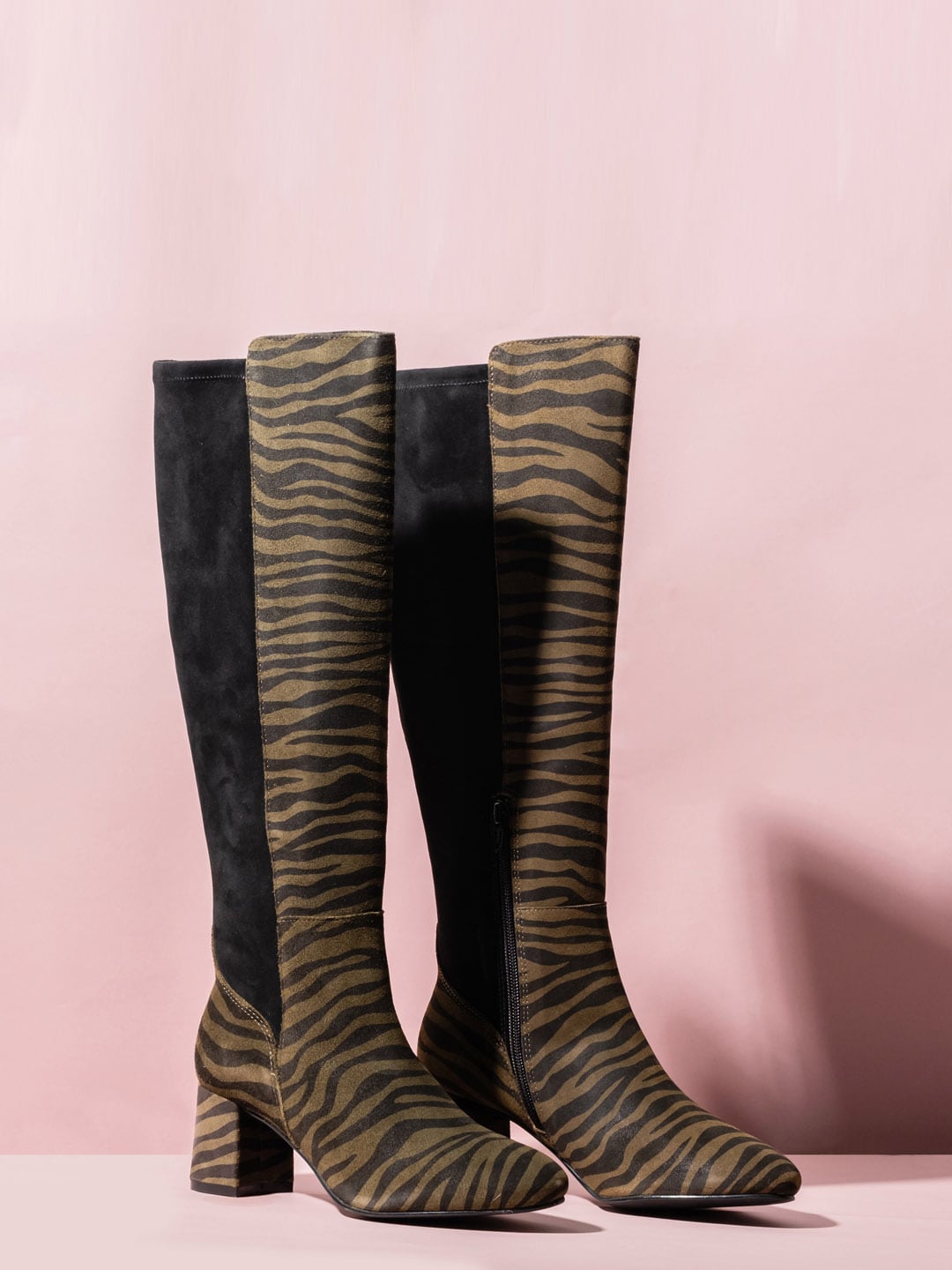 Saint G Olive Green Suede Leopard Printed High-Top Block Knee High Boots Price in India