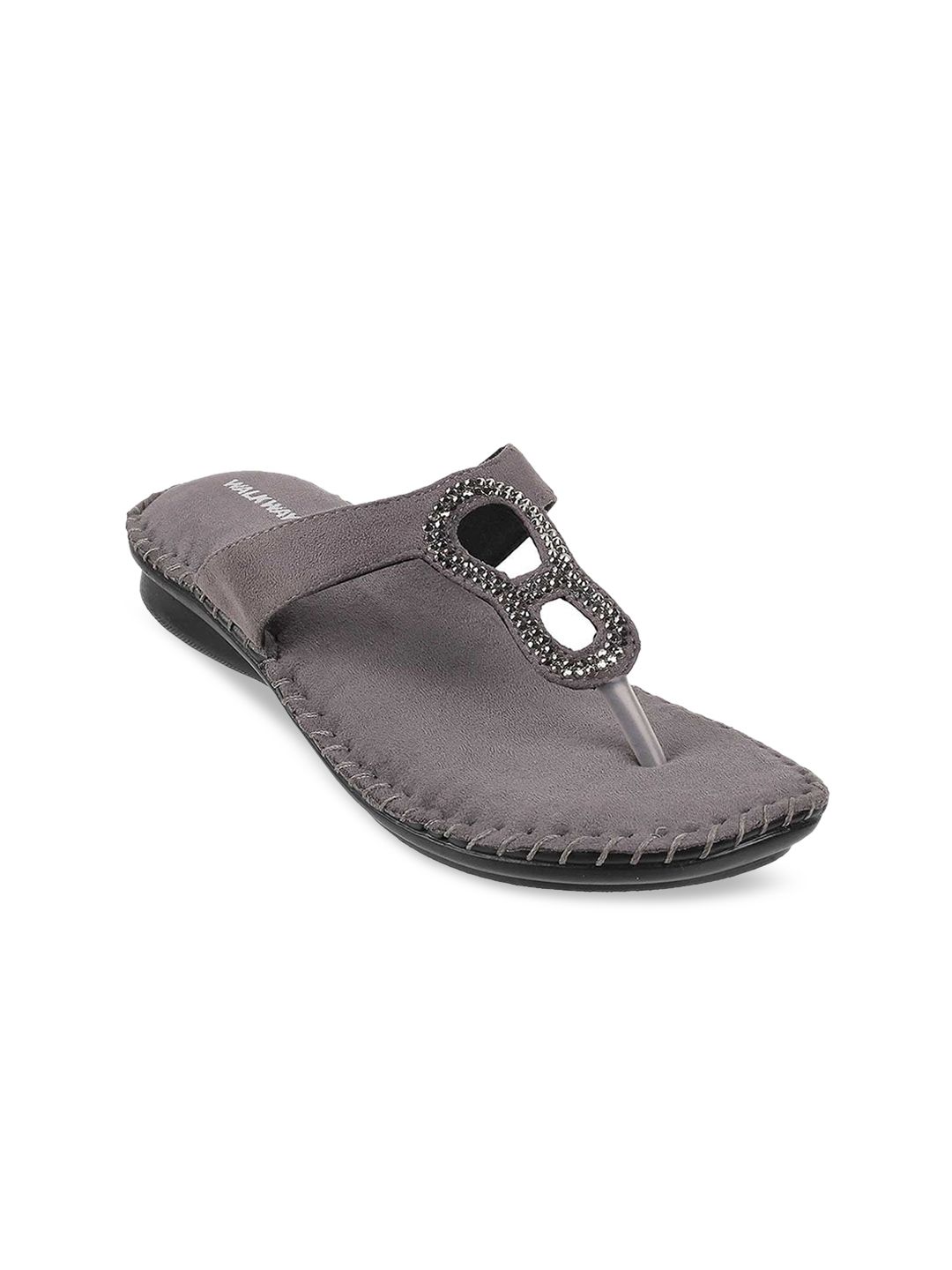 WALKWAY by Metro Women Grey Embellished T-Strap Flats Price in India