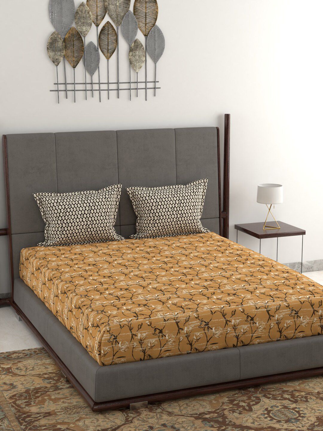 Trident Orange & Black Floral Printed 120 TC Queen Bedsheet With 2 Pillow Covers Price in India