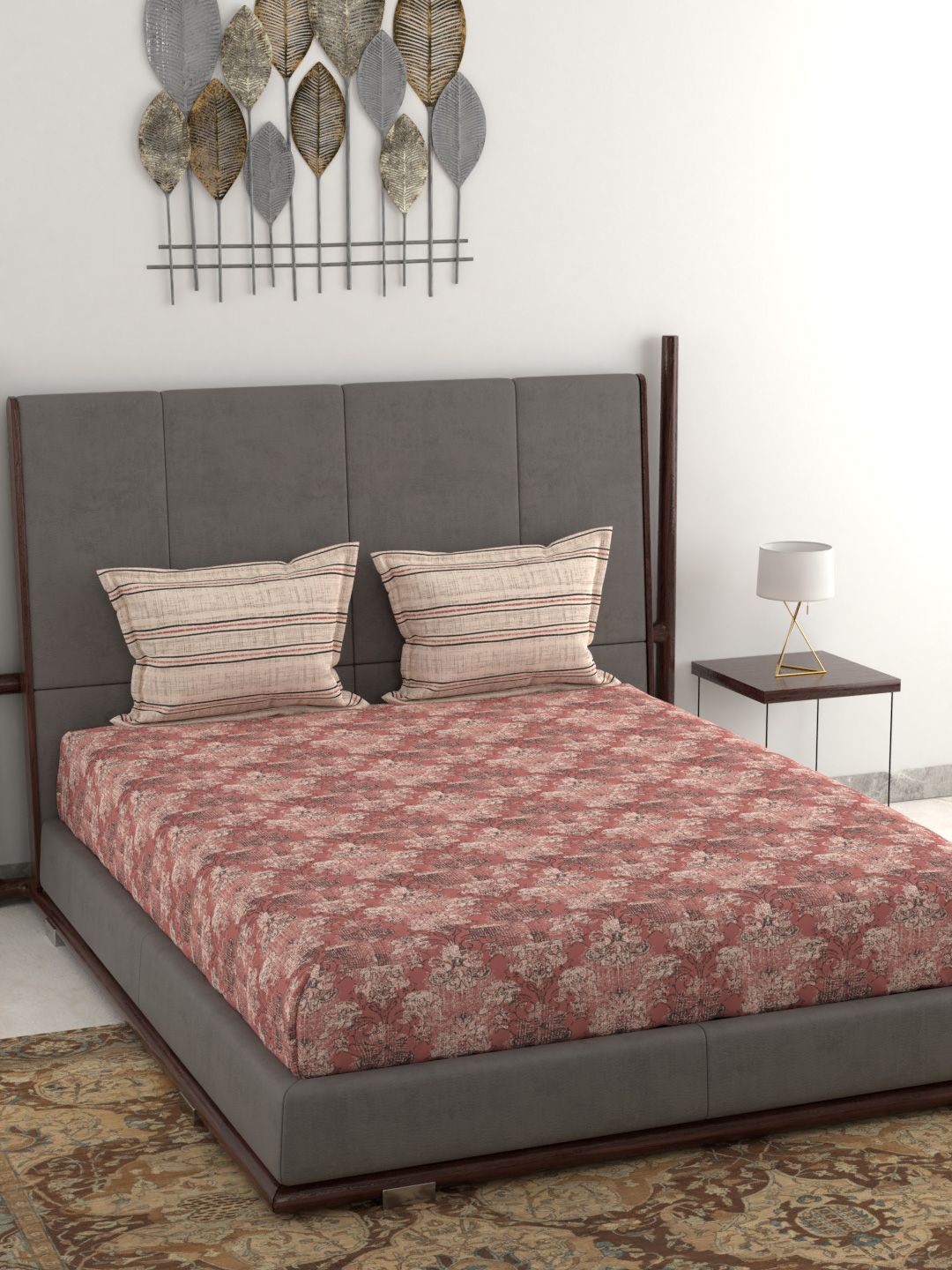 Trident Mauve & Grey Ethnic Motifs 120 TC Queen Bedsheet with 2 Pillow Covers Price in India