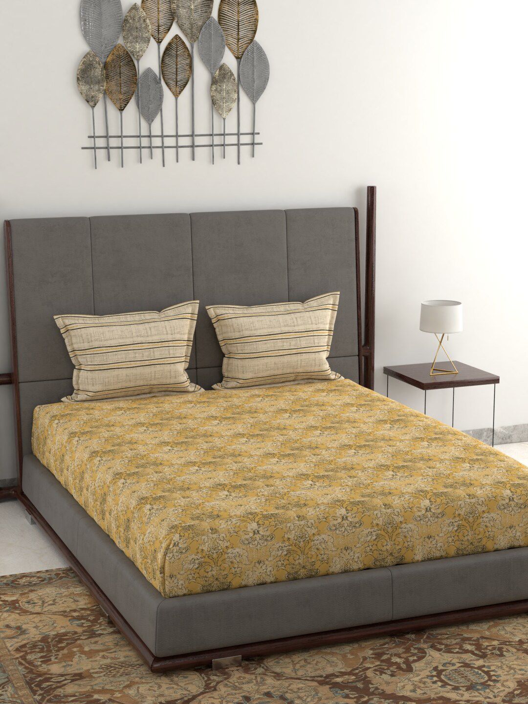 Trident Mustard Yellow Ethnic Motifs 120 TC Cotton Queen Bedsheet with 2 Pillow Covers Price in India