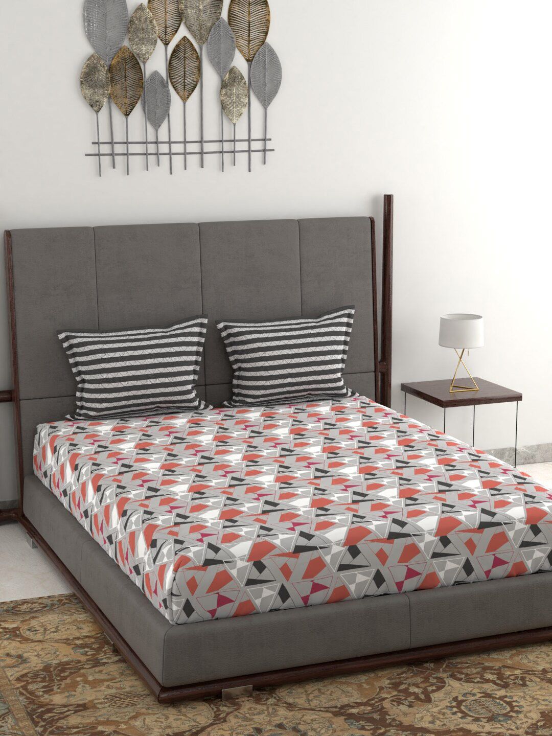 Trident Grey Floral Printed 120 TC Queen Bedsheet with 2 Pillow Cover Price in India