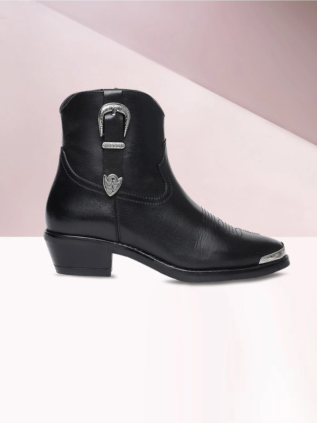 Saint G Women Black Buckle Decorative Leather Ankle Boots Price in India