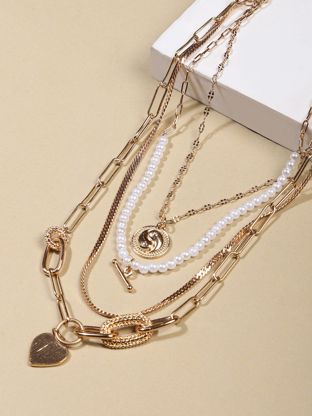 Lilly & sparkle Gold-Toned & White Gold-Plated  Heart & Ying Yang Layered Chain With Studs Price in India