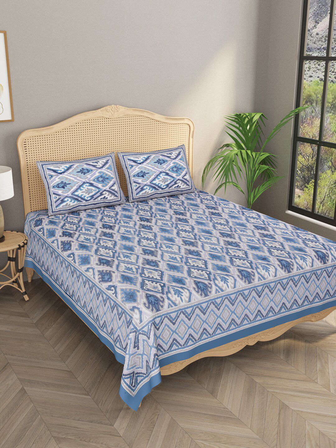 Gulaab Jaipur Blue & White ikat printed 600 TC King Bedsheet with 2 Pillow Covers Price in India