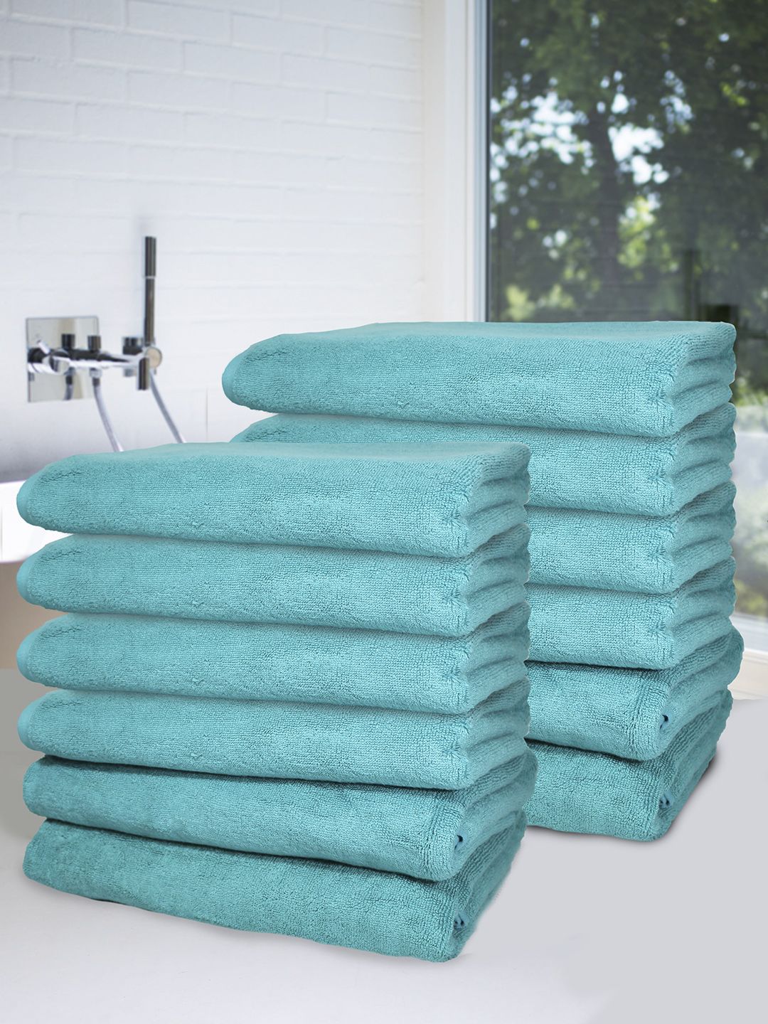 Heelium Set Of 12 Teal Blue Solid 600 GSM Bath Towels Price in India