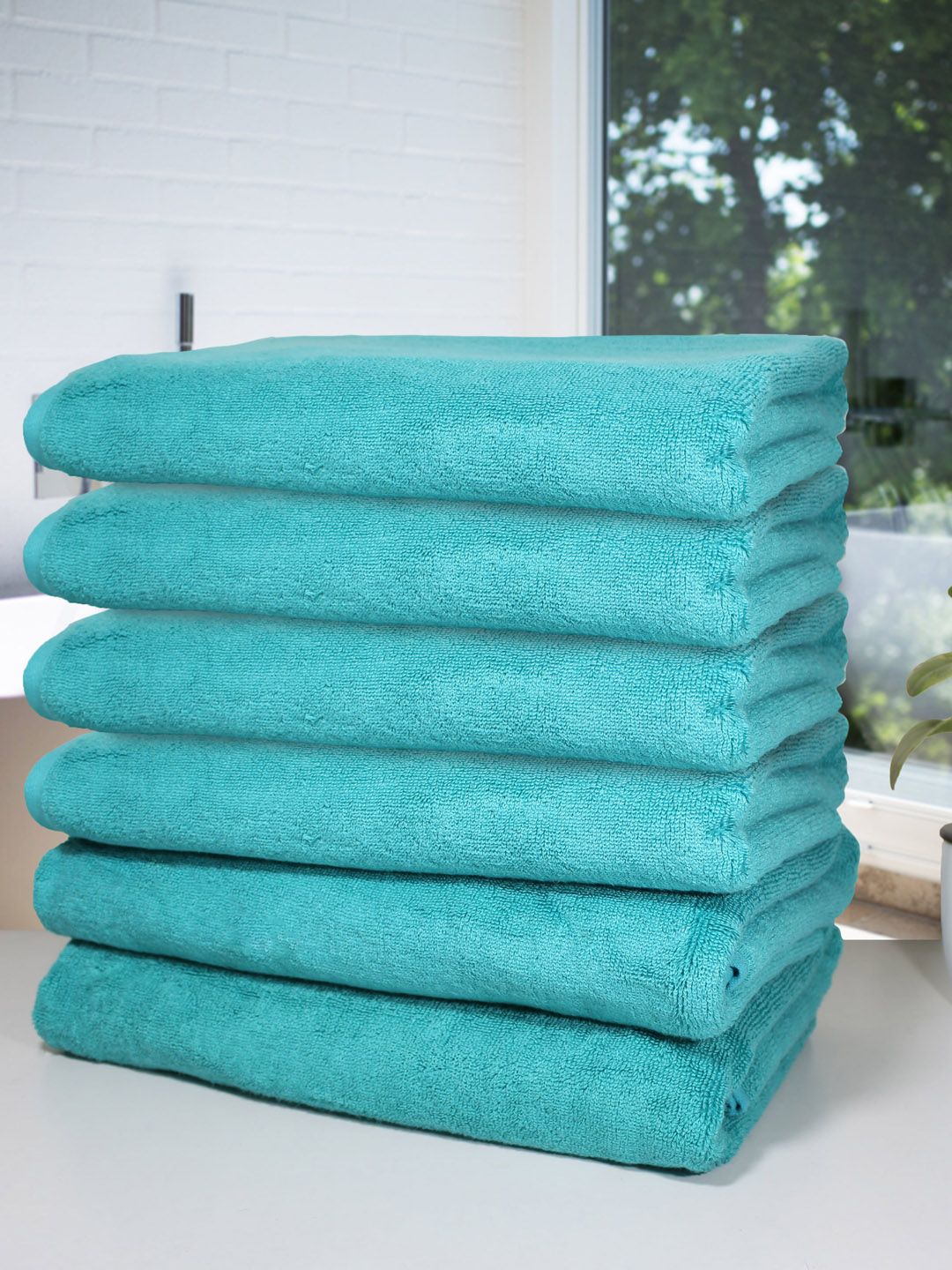 Heelium Set Of 6 Teal Blue Solid 600 GSM Bath Towels Price in India